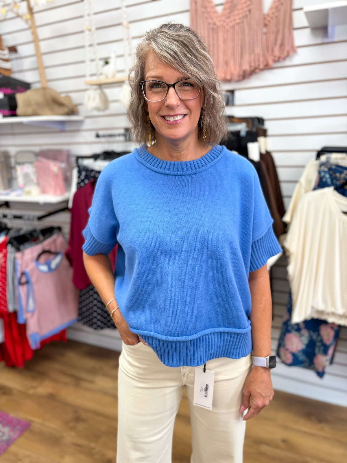 Diva Blue Drop Half Sleeve Crew Neck Sweater - A'Bekah's Boutique