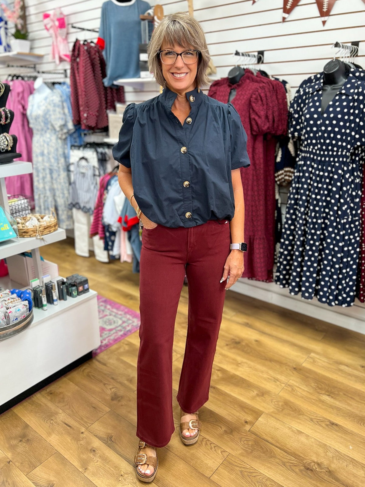Mica Denim high rise wide leg jeans in deep burgundy with 31 inch inseam
