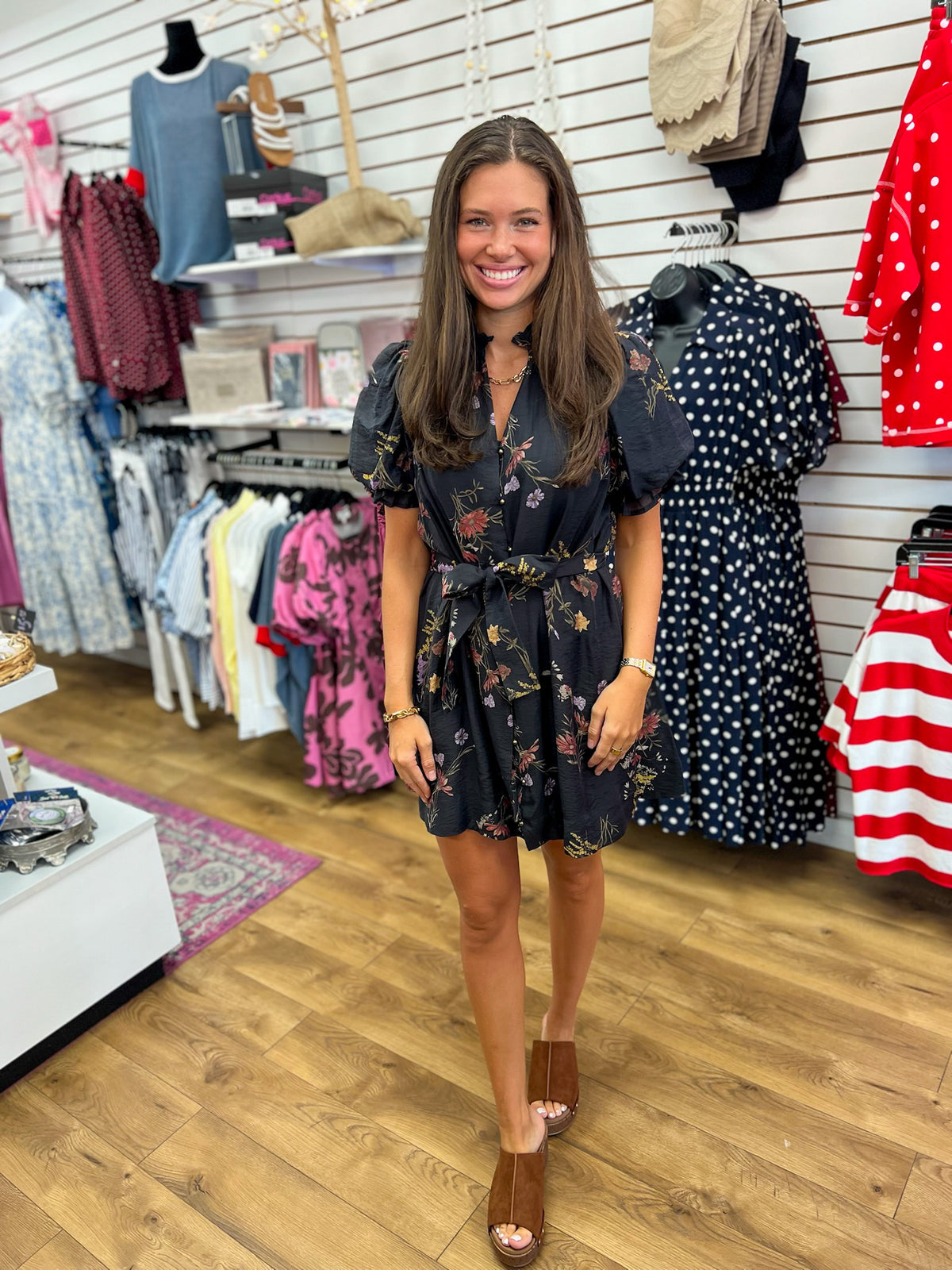 Entro black floral V-neck mini dress with tie waist and puff sleeves