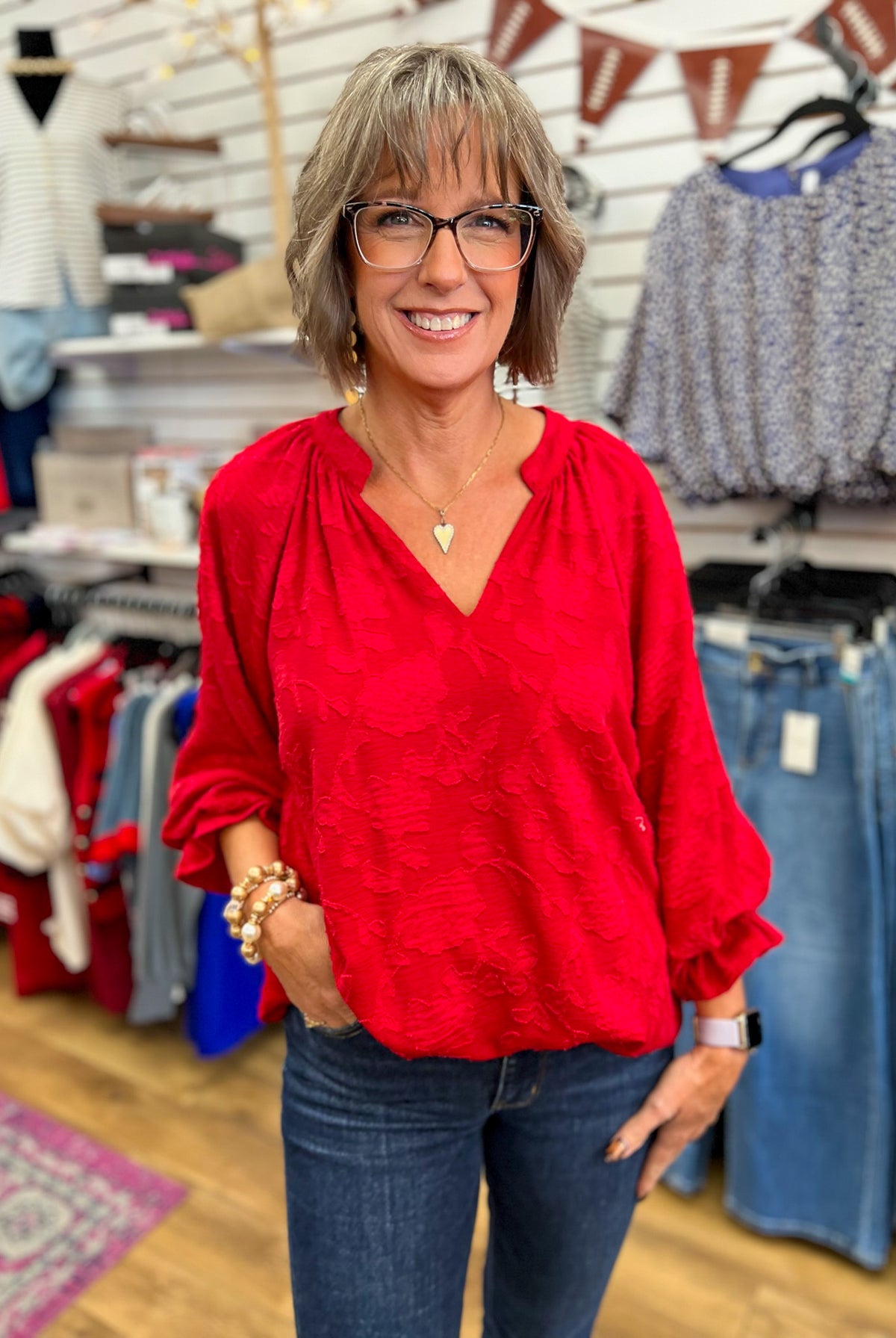 Cherry red jacquard blouse with V-neck and 3/4 balloon sleeves by Umgee