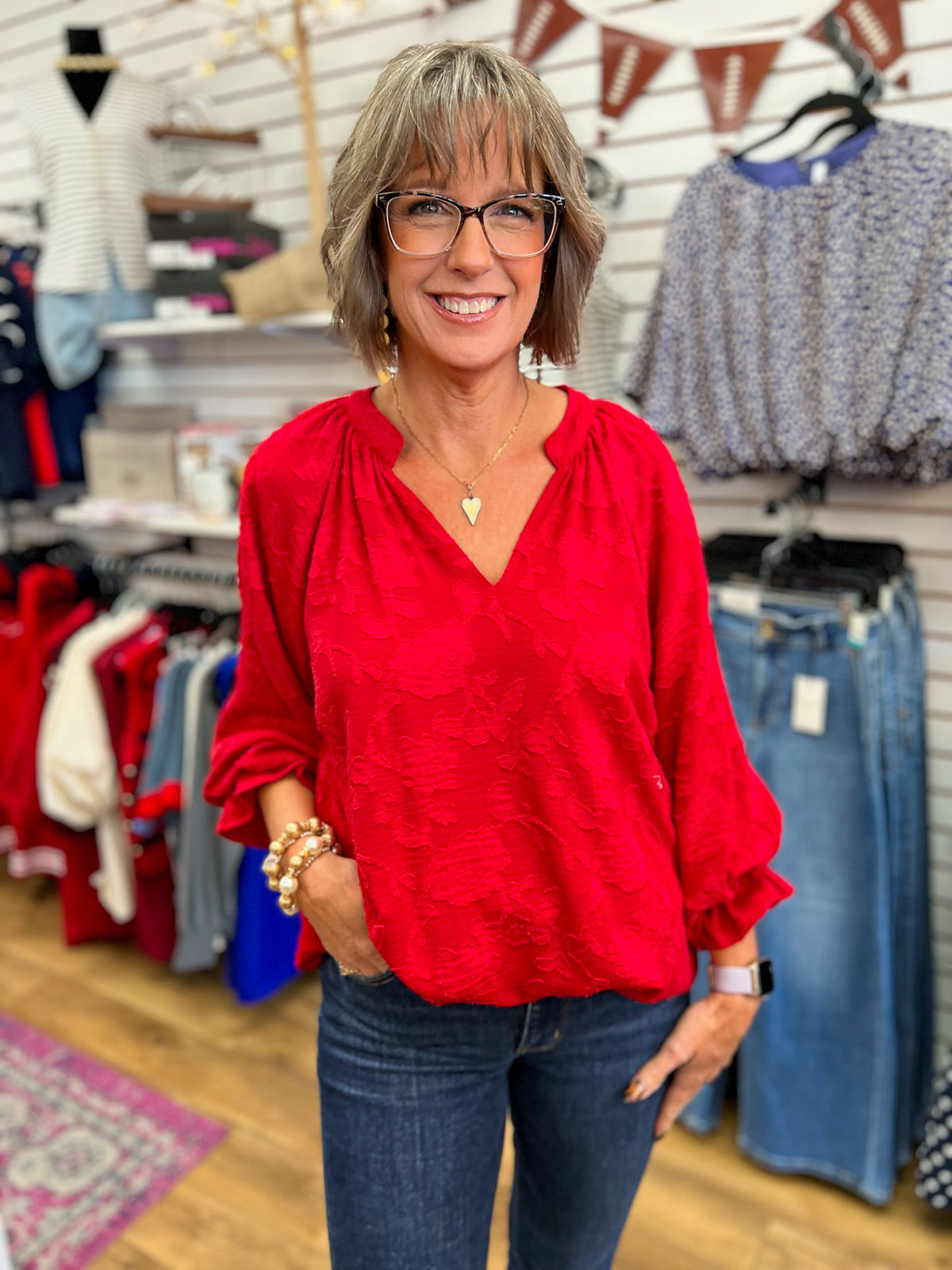 Cherry red jacquard blouse with V-neck and 3/4 balloon sleeves by Umgee
