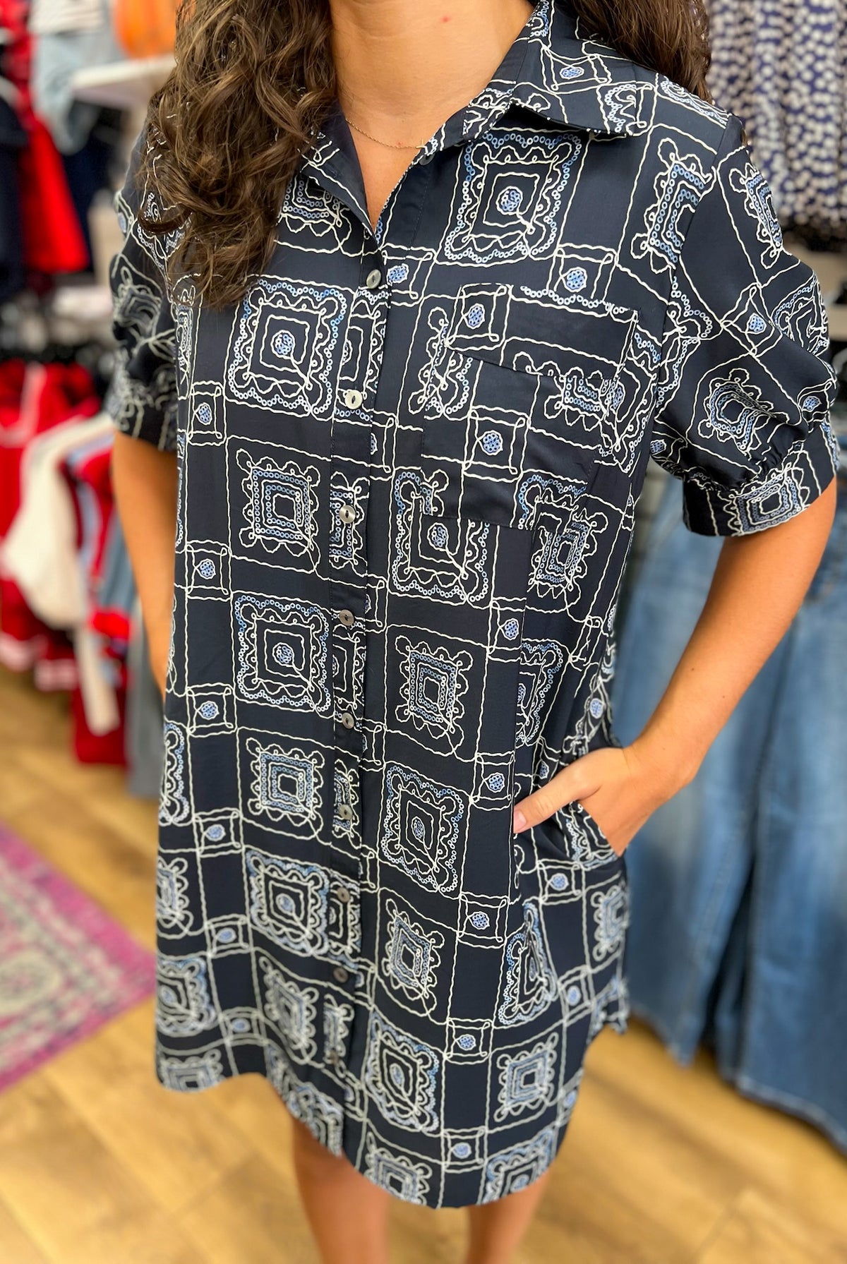 Navy blue bandana print button-front short sleeve shirt dress with collar
