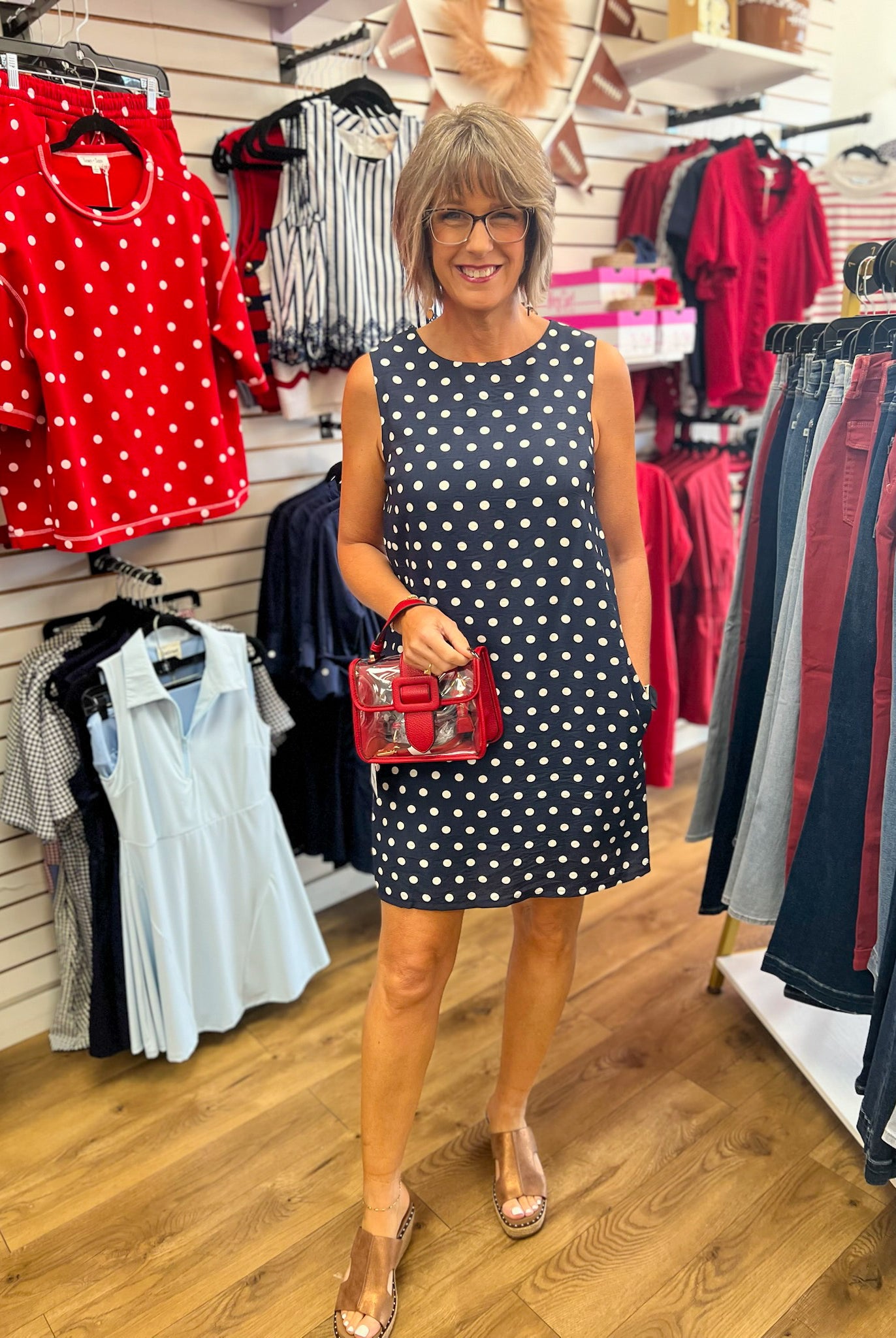 She + Sky navy blue sleeveless shift dress with white polka dots and pockets
