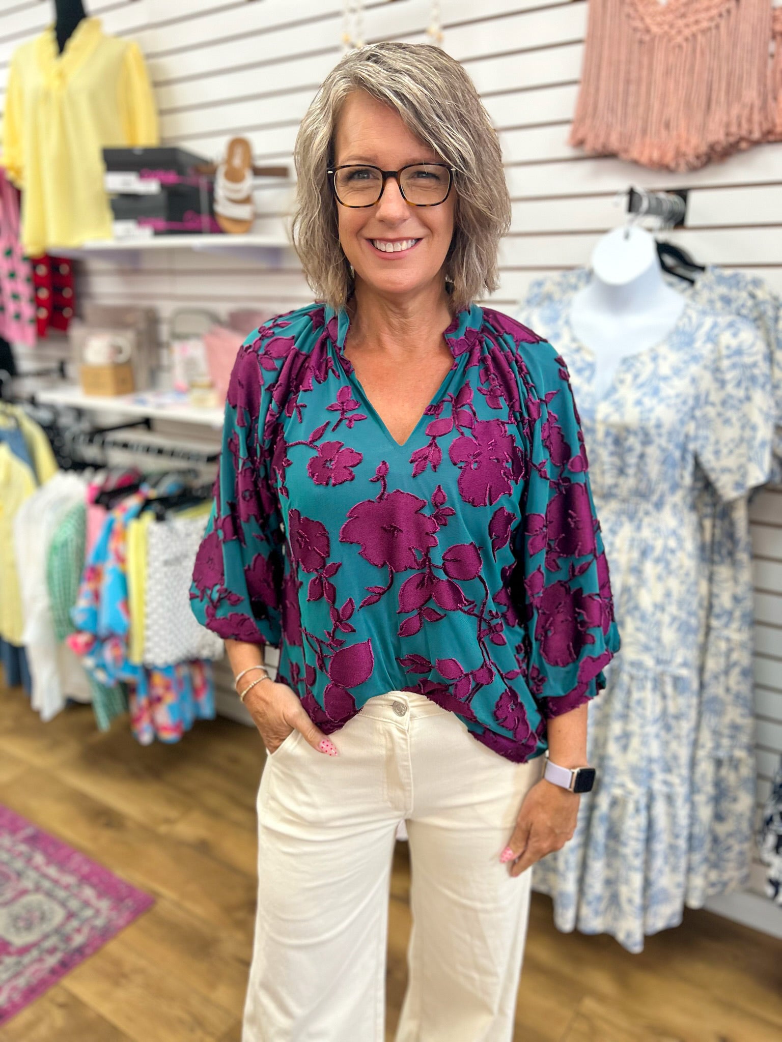 Umgee teal floral V-neck top with purple blooms and 3/4 balloon sleeves