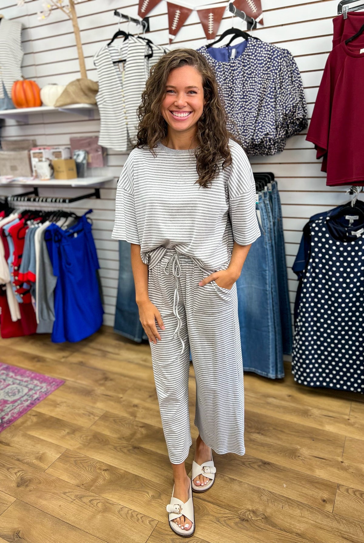 Sewn and Seen grey and white striped short sleeve top and cropped drawstring pants set