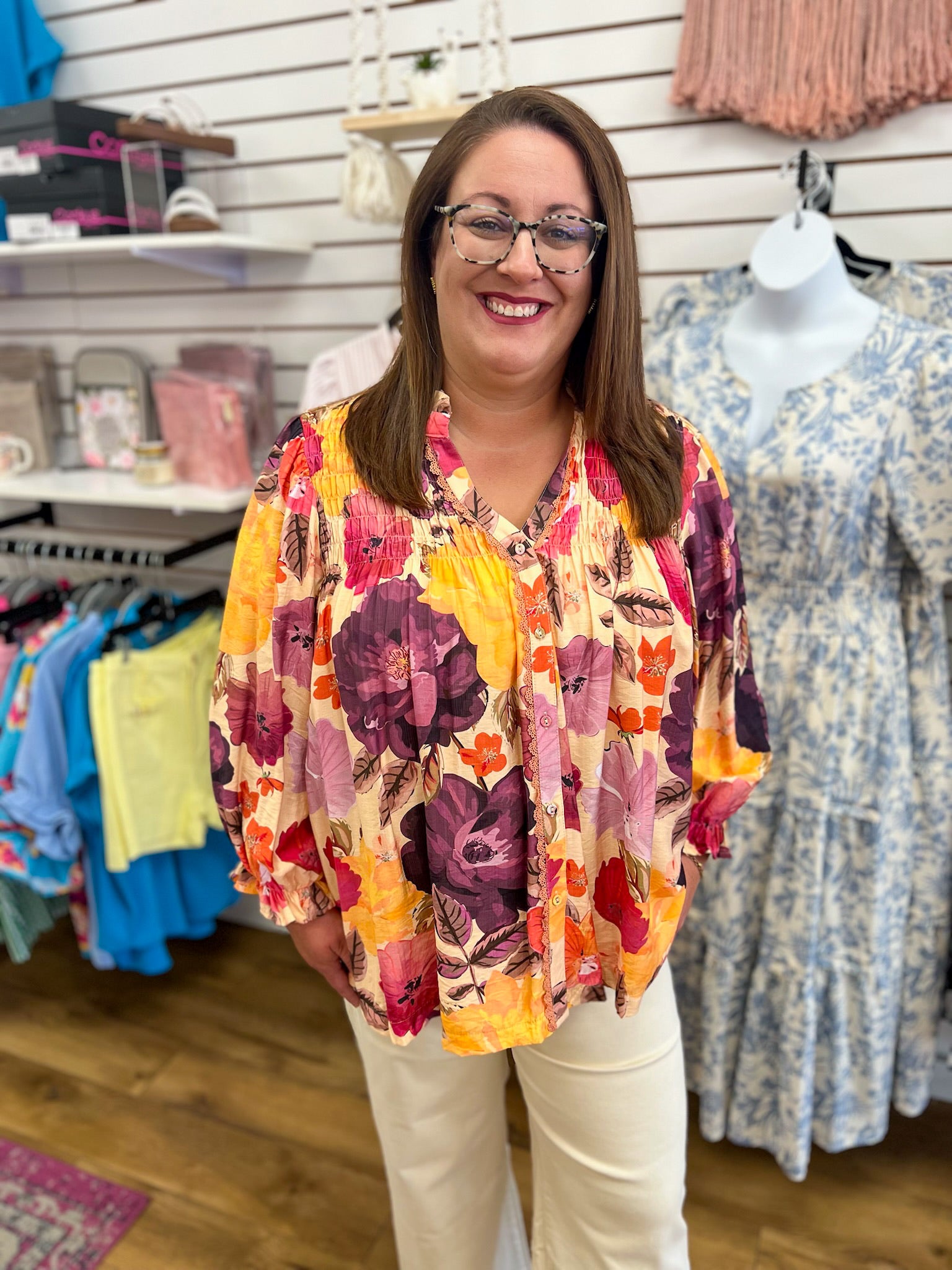 Umgee ecru floral blouse with purple orange blooms pintuck pleating button front 3/4 sleeves