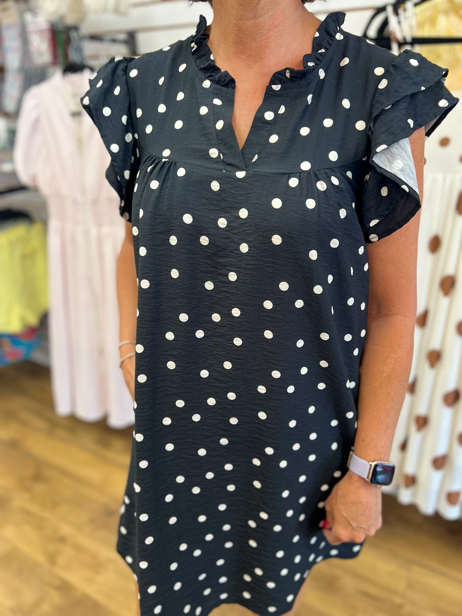 She + Sky black white polka dot ruffle sleeve shift dress with pockets