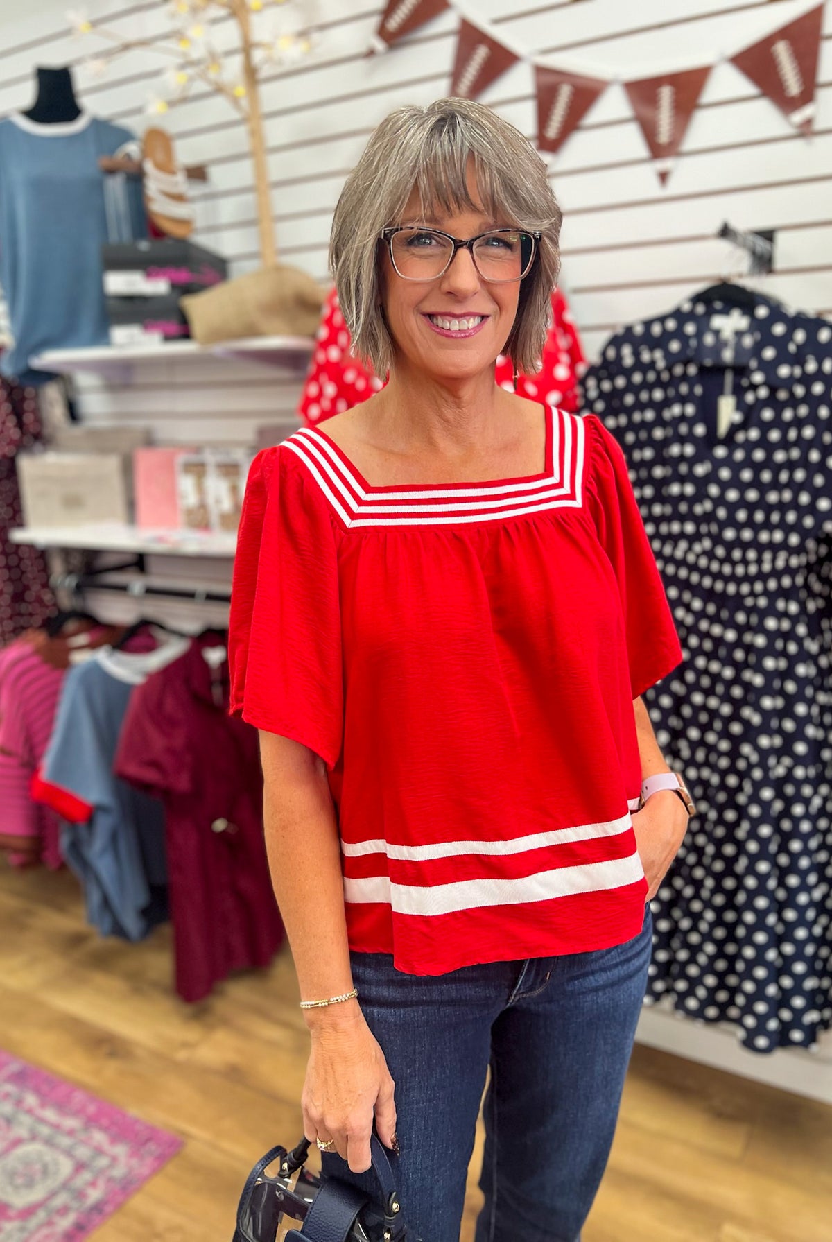 She + Sky red short sleeve top with white contrast stripe details