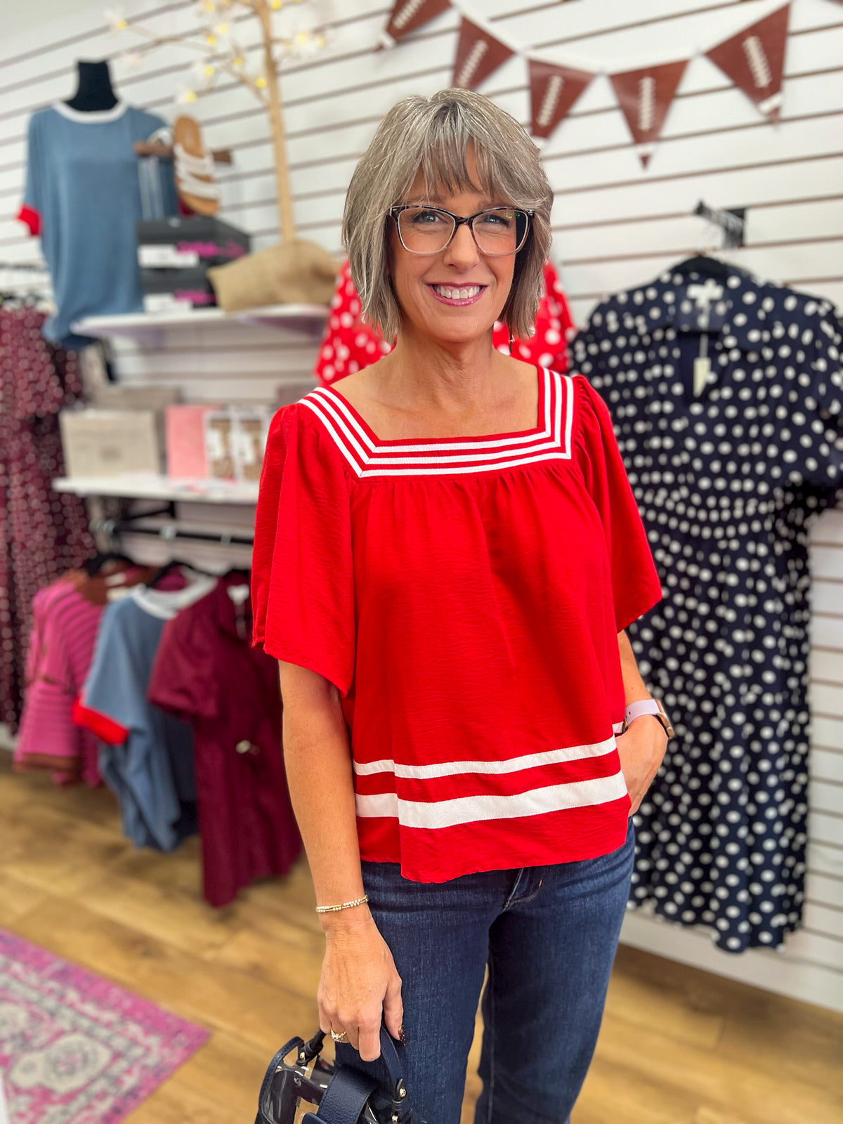 She + Sky red short sleeve top with white contrast stripe details