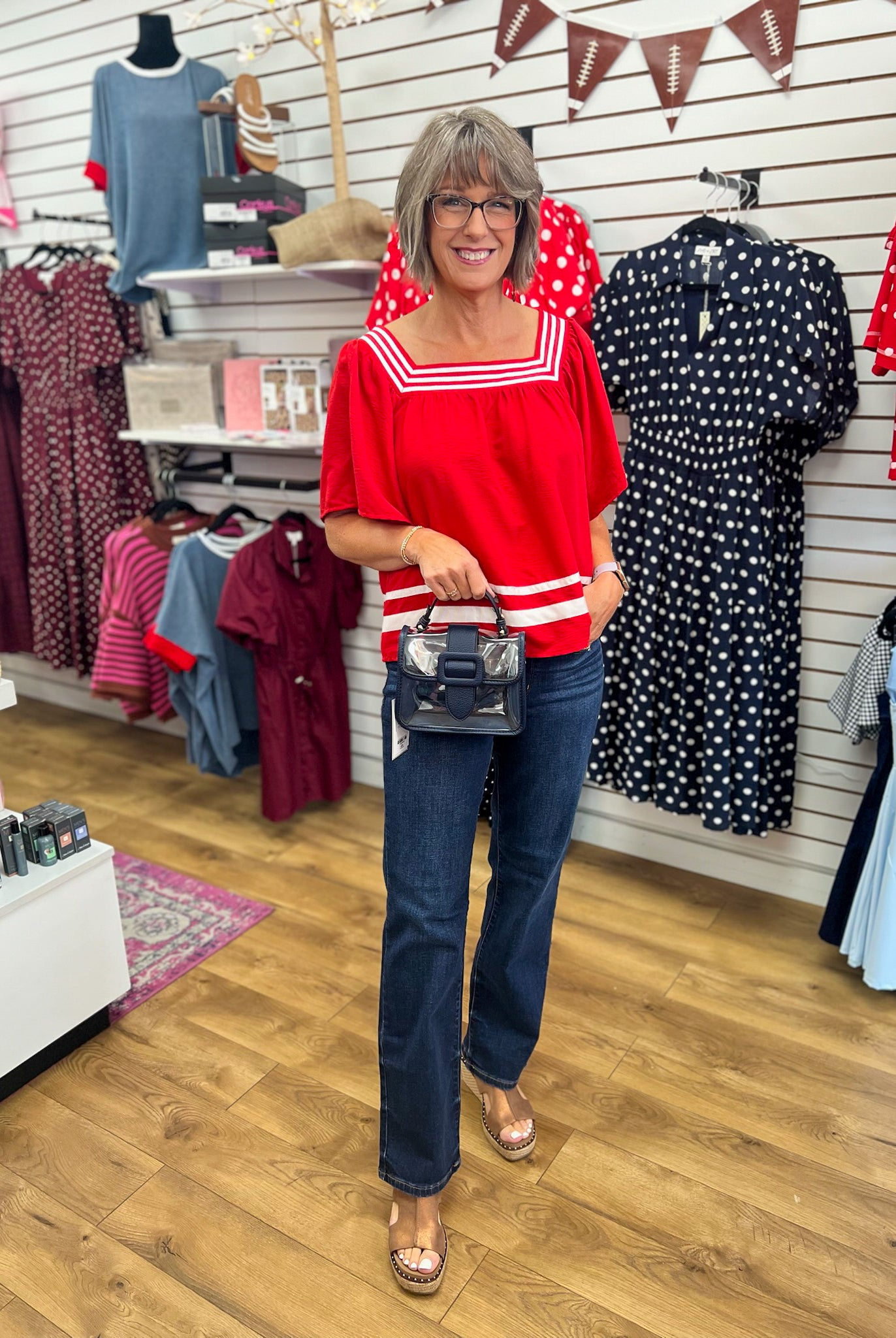 She + Sky red short sleeve top with white contrast stripe details