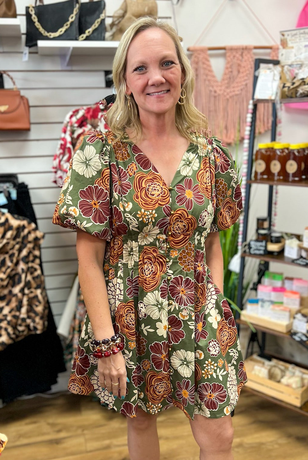 Entro olive green floral mini dress with rust blooms and short puff sleeves