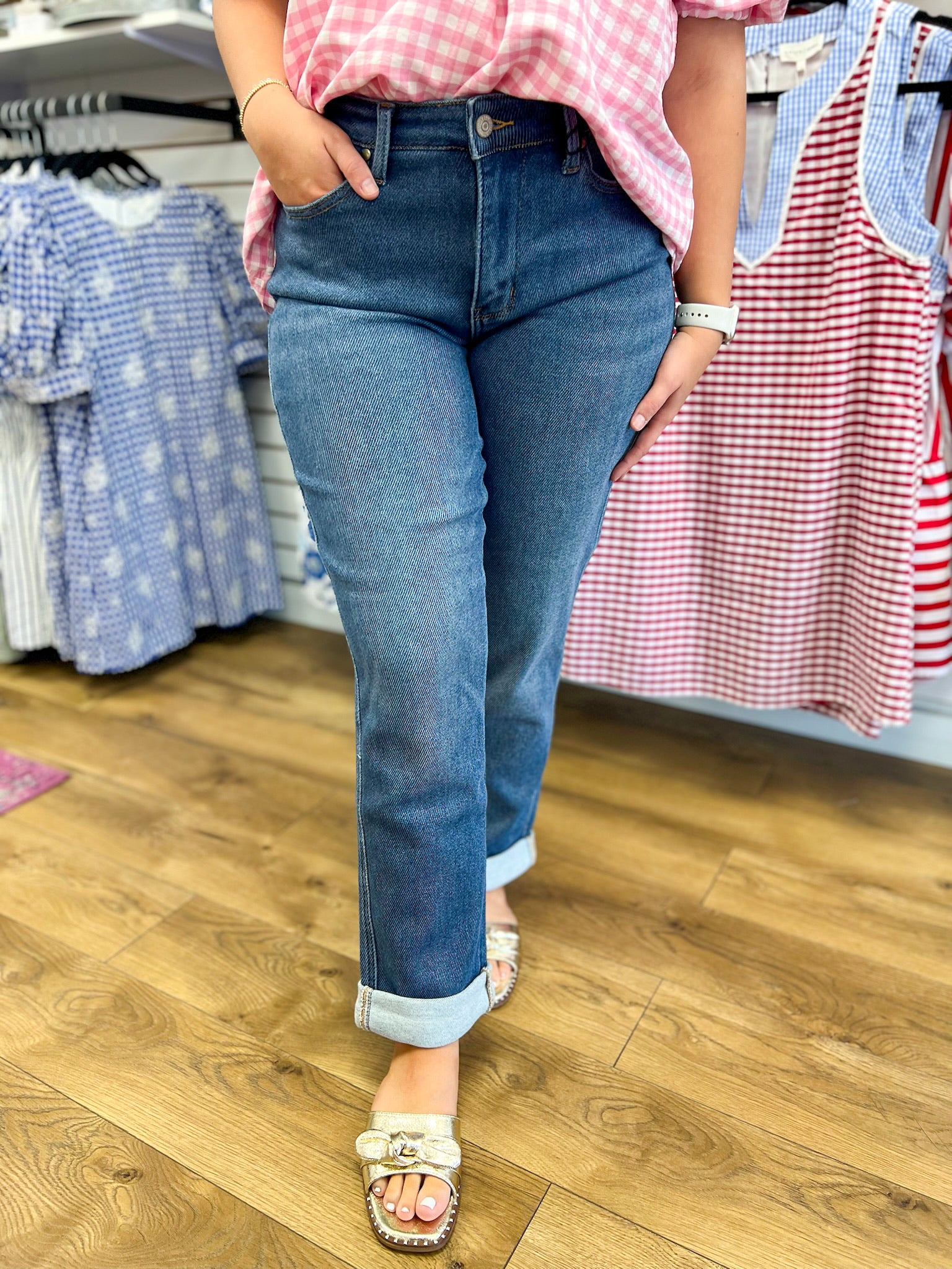Judy Blue dark indigo boyfriend jeans with rolled cuffs, mid rise relaxed fit