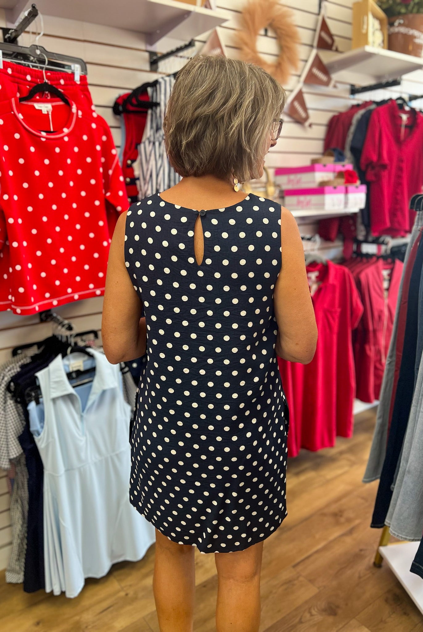 She + Sky navy blue polka dot sleeveless dress with keyhole back detail