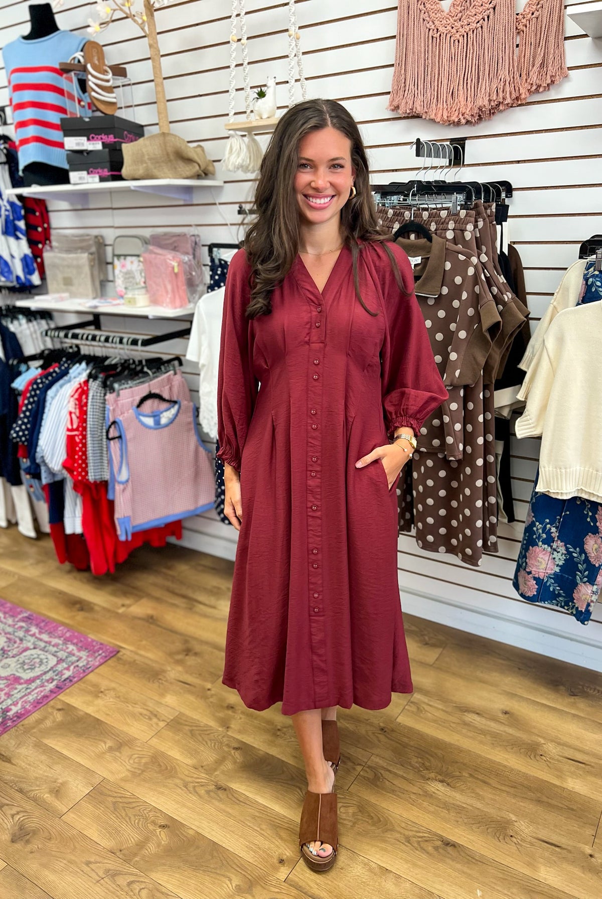 Entro burgundy button-down long sleeve midi dress with pockets and elastic cuffs