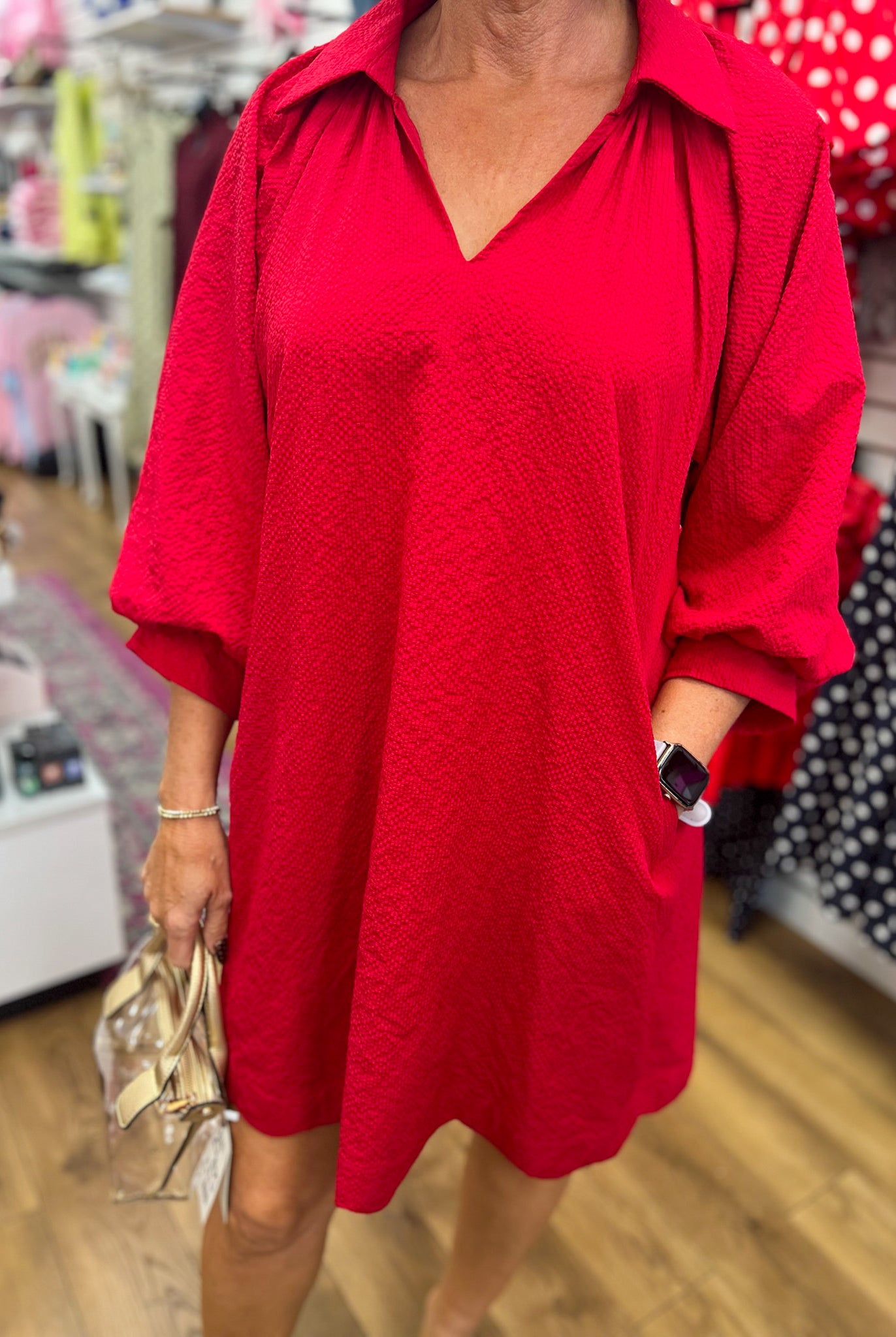 Red textured V-neck collared mini dress with 3/4 bubble sleeves by Umgee
