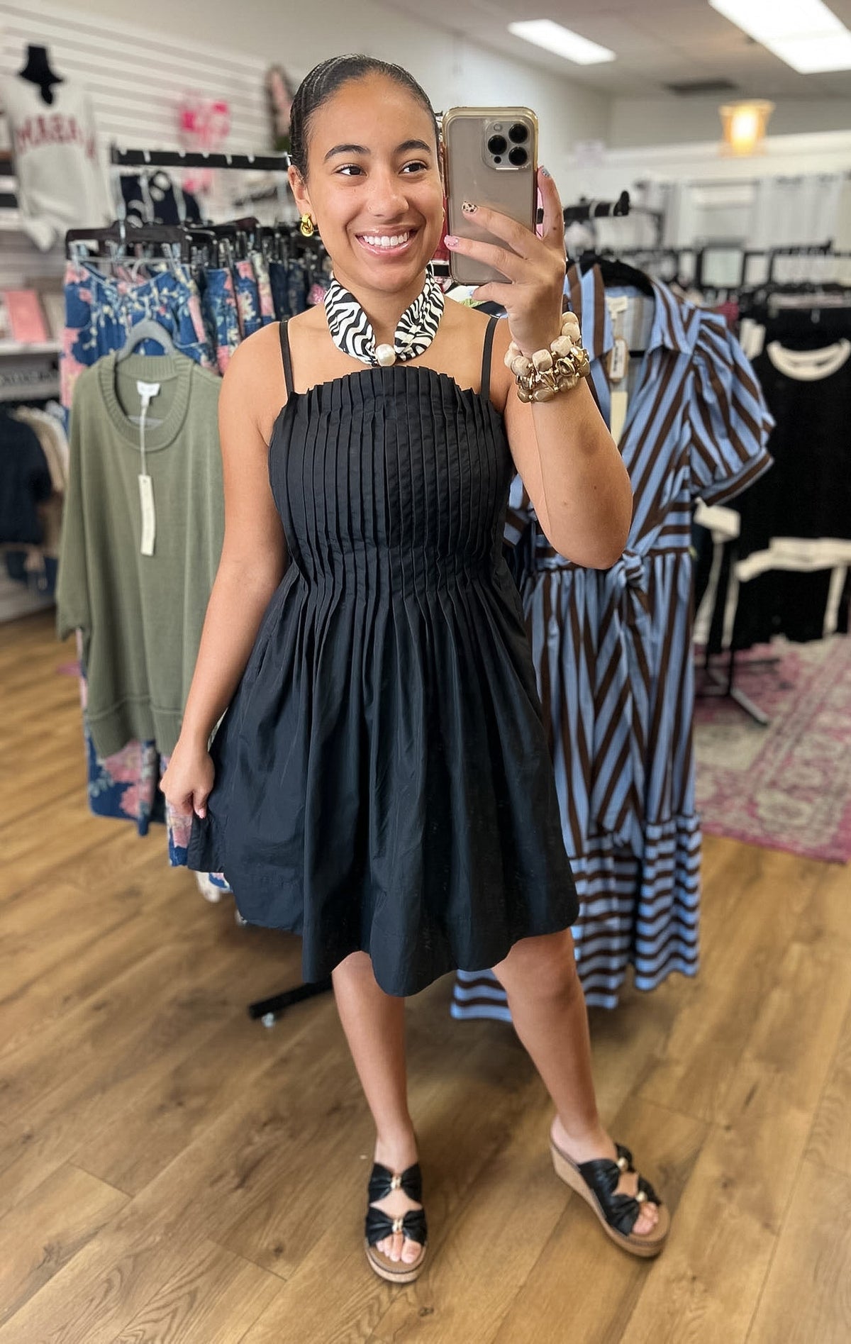 Entro black pleated bodice mini dress with adjustable spaghetti straps, A-line skirt