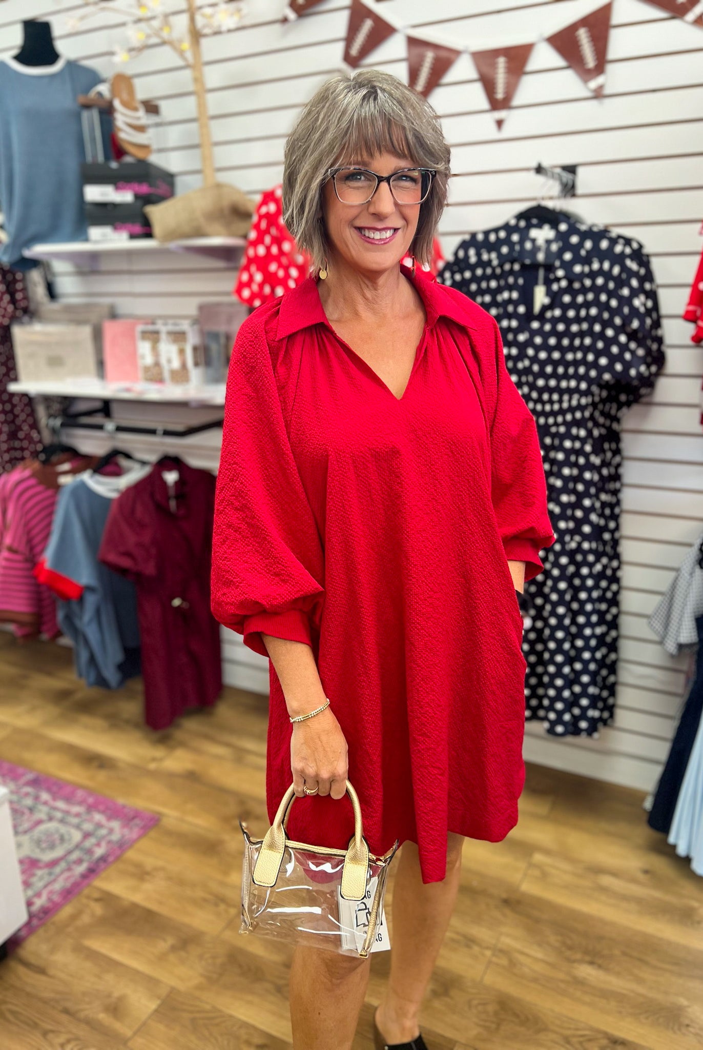 Red v-neck bubble sleeve mini dress with collar and scalloped hem