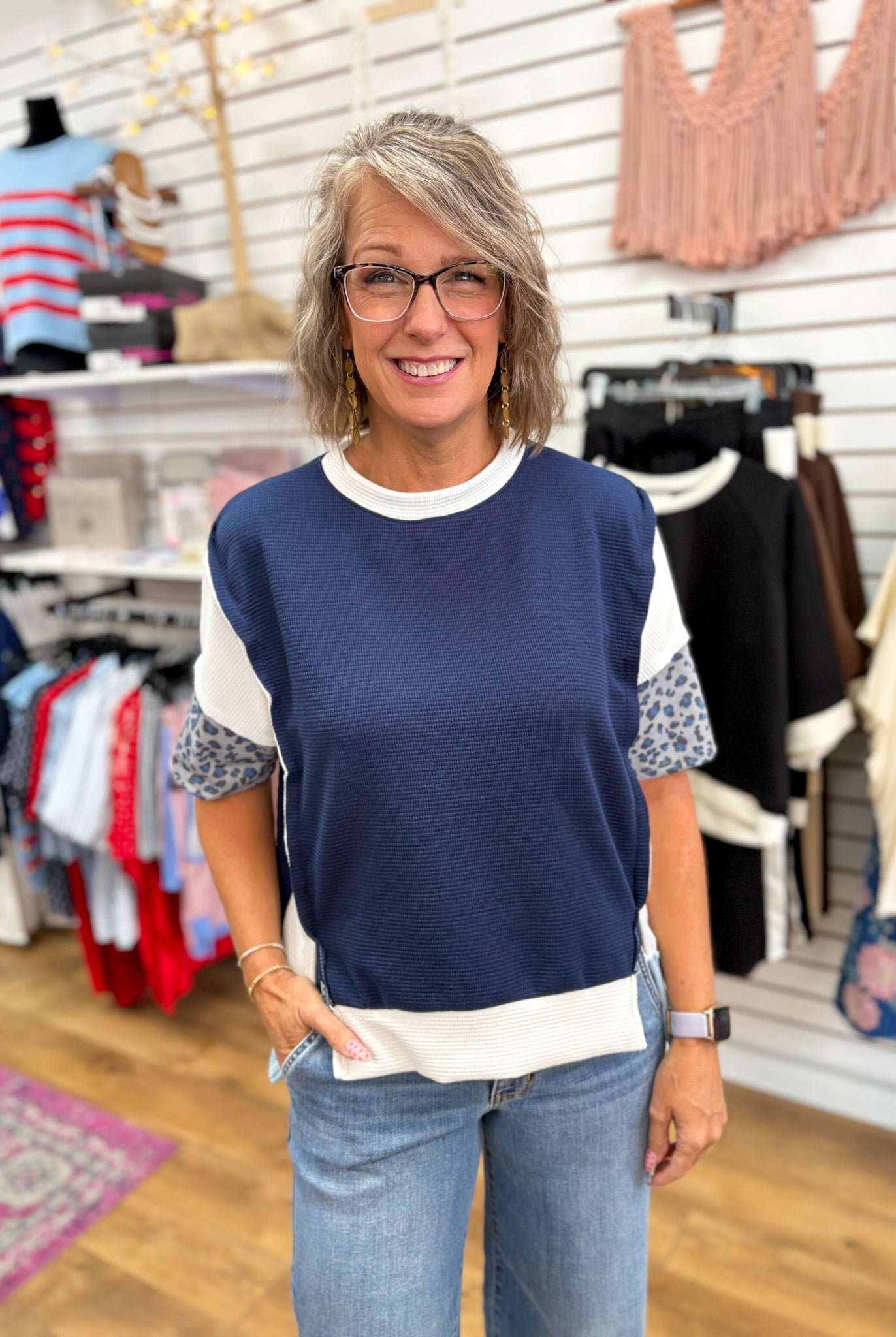 Navy Waffle Knit Top with Leopard Sleeve Accents