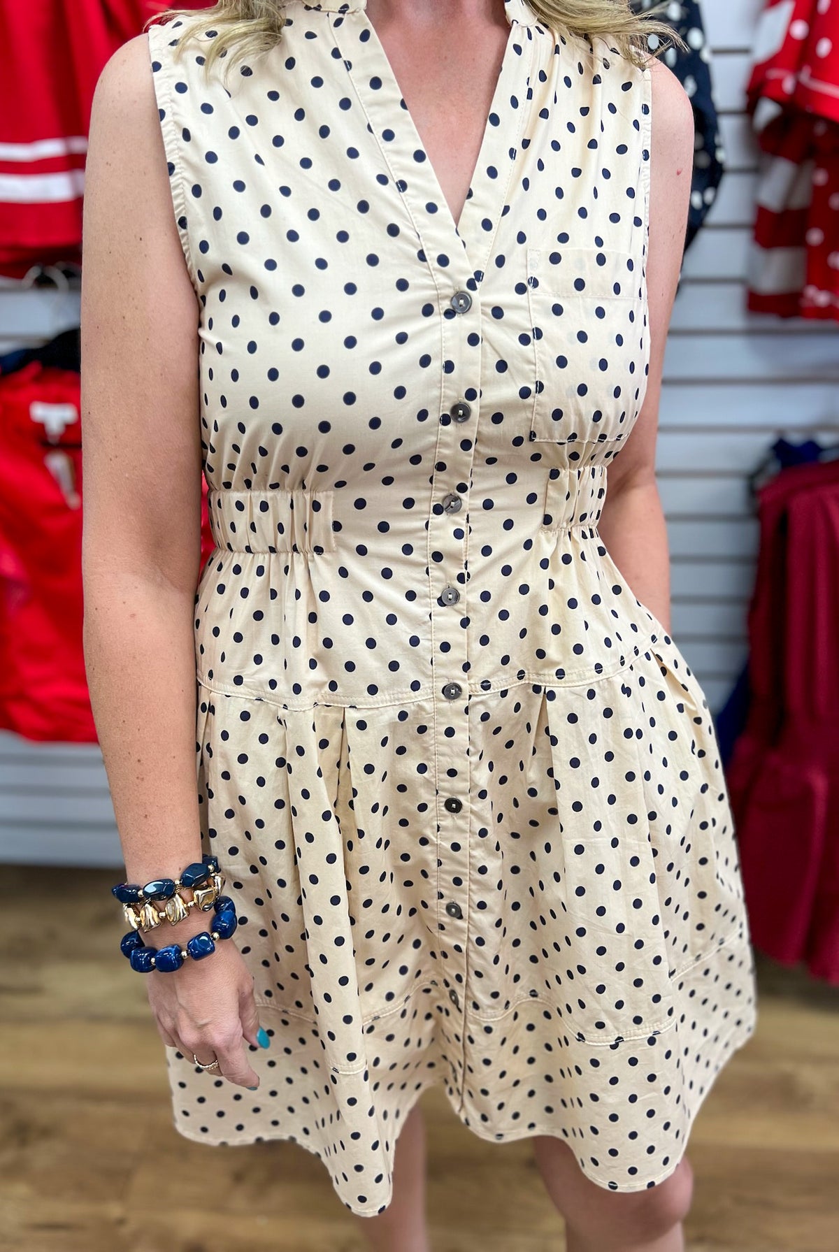 Entro ecru sleeveless polka dot button-front dress with elastic waist and pockets