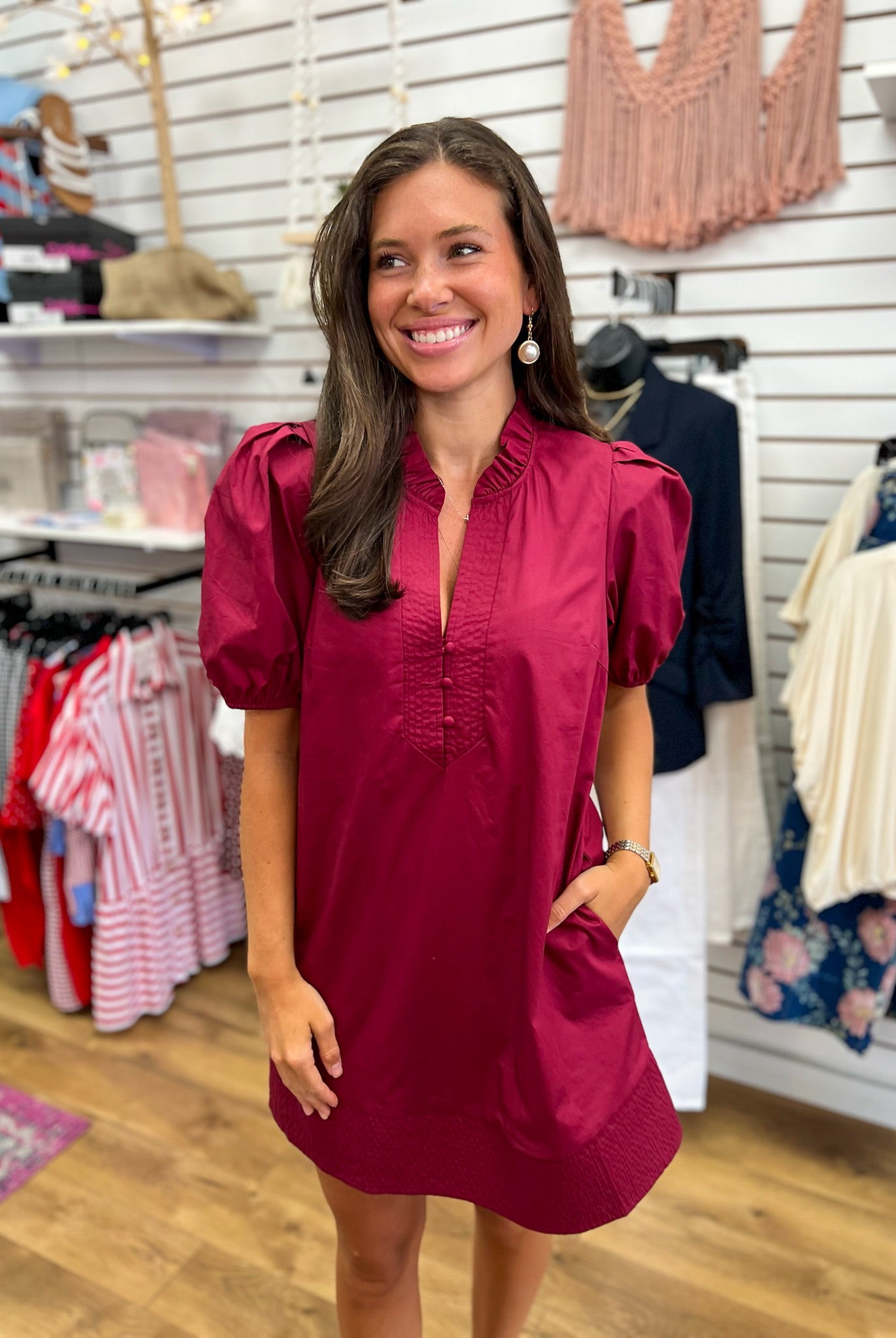 Wine V-Neck Dress with Short Puff Sleeves - A'Bekah's Boutique