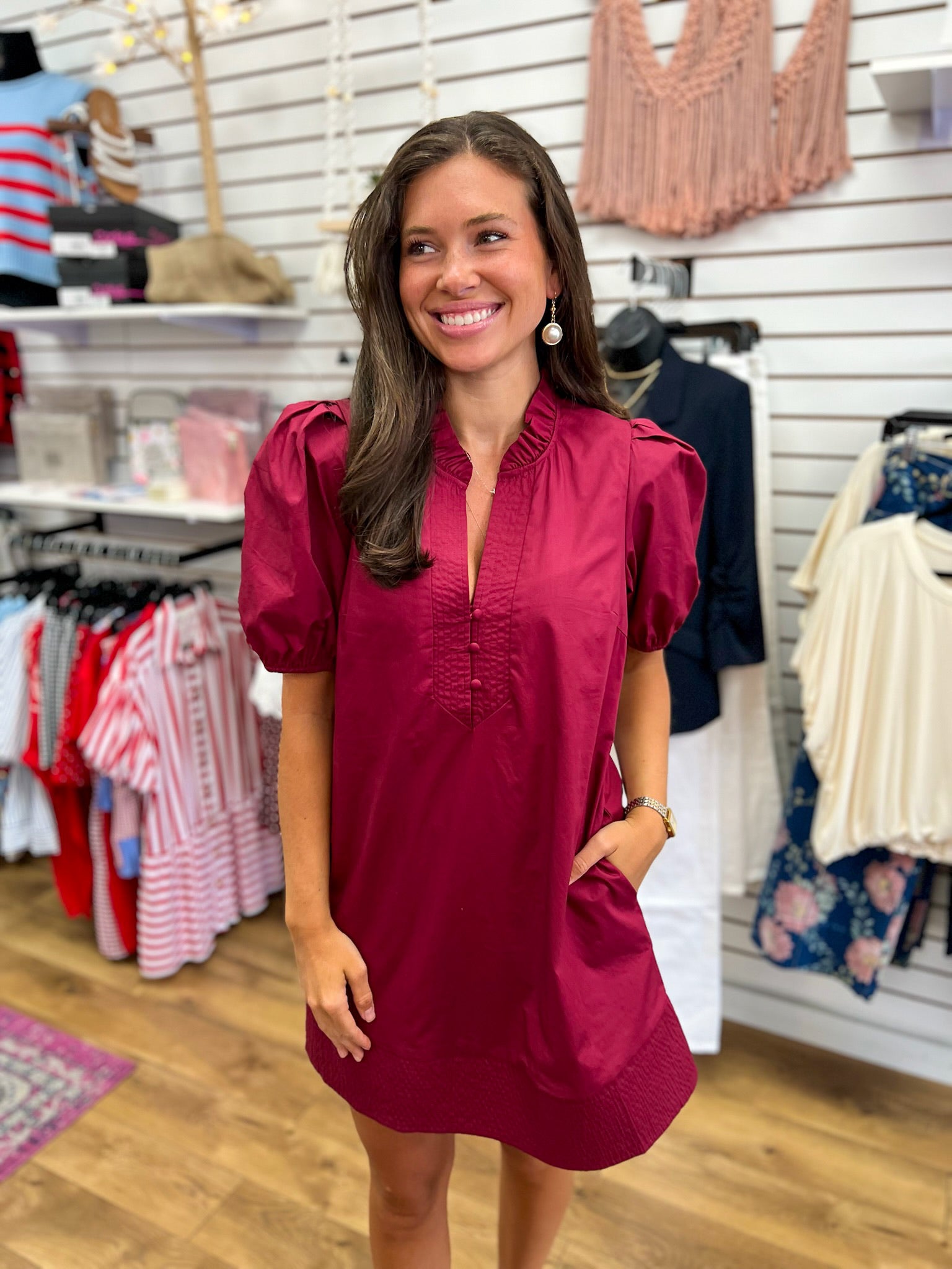 Wine V-Neck Dress with Short Puff Sleeves - A'Bekah's Boutique