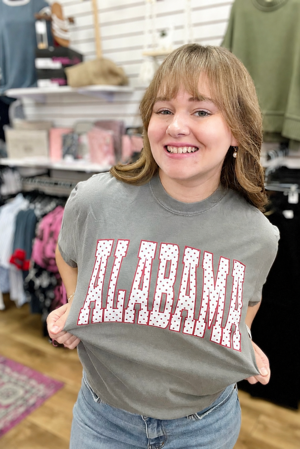 University of Alabama Grey T-Shirt with Crimson Polka Dot Graphic
