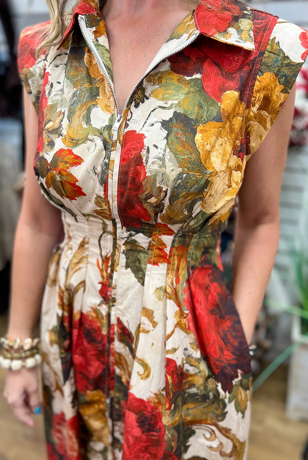 Entro multi floral sleeveless midi dress with zip front and collared neckline
