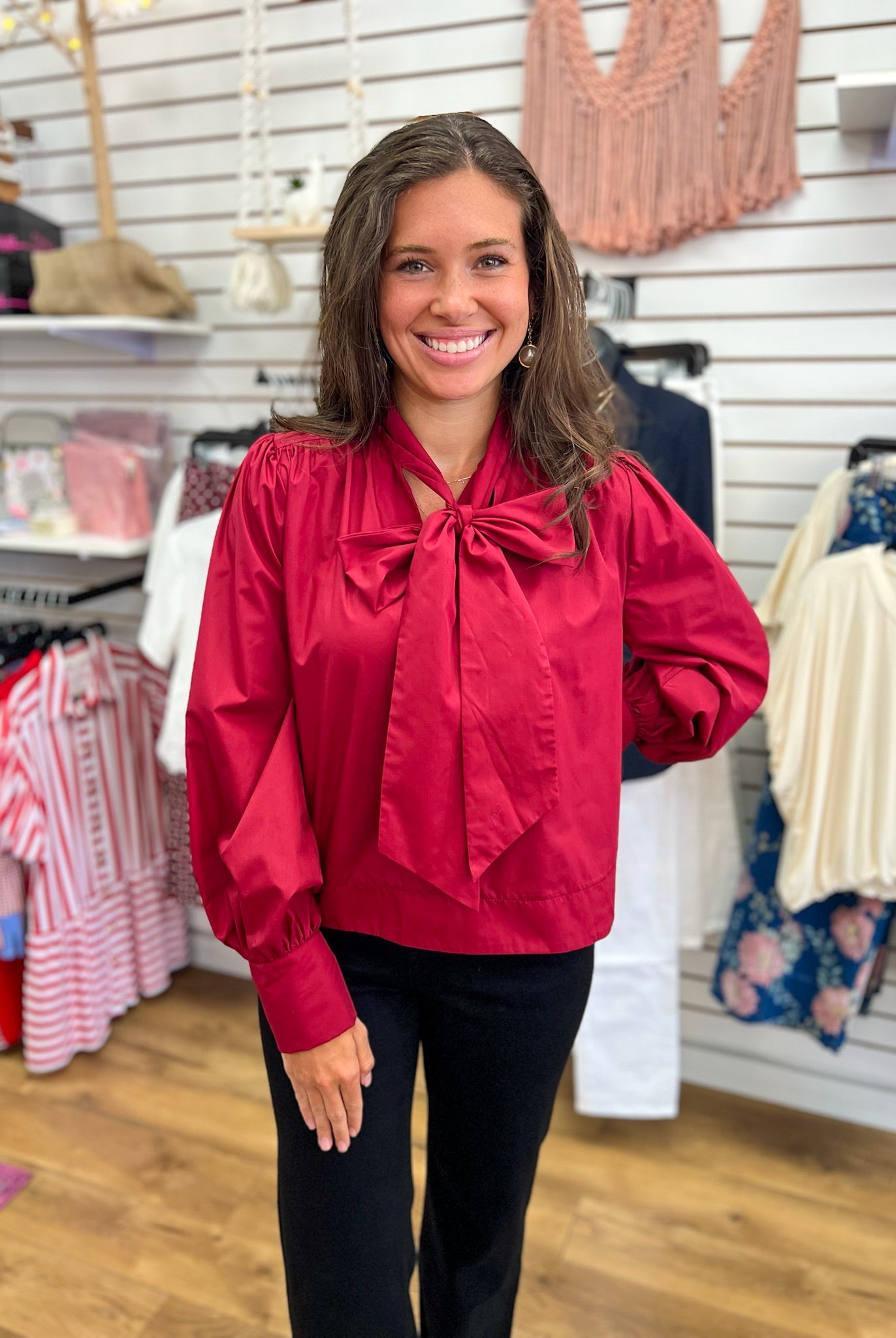 Burgundy Long Sleeve Top with Self-Tie Neckline - A'Bekah's Boutique