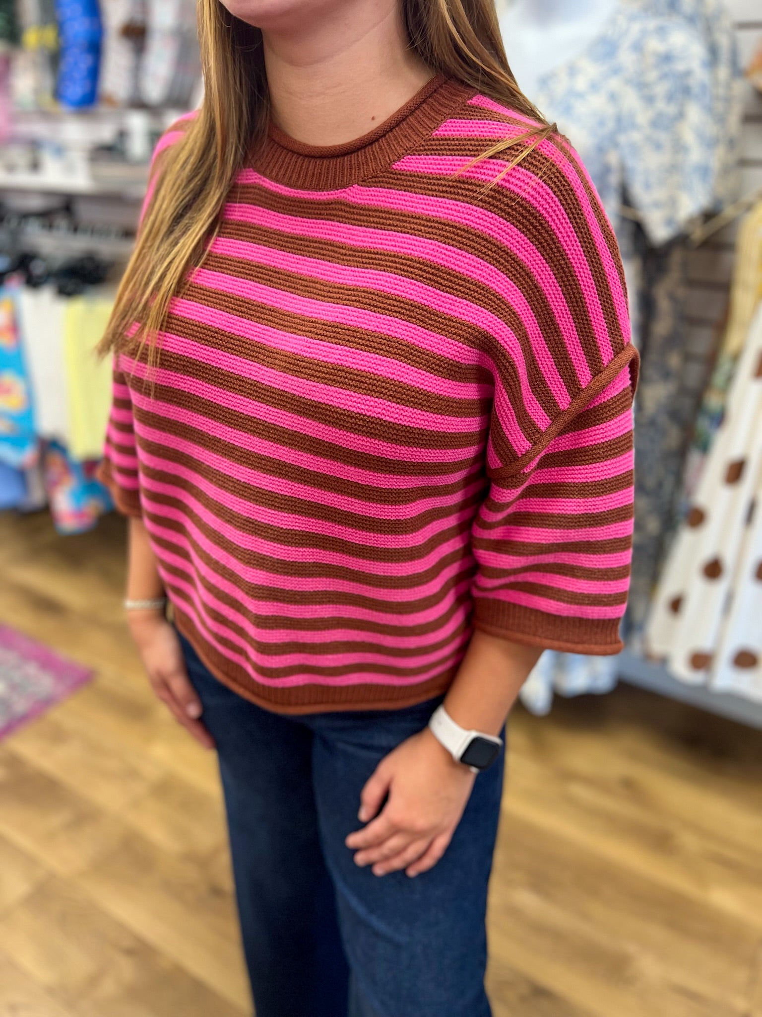 Pink and brown striped short sleeve knit sweater with crew neck