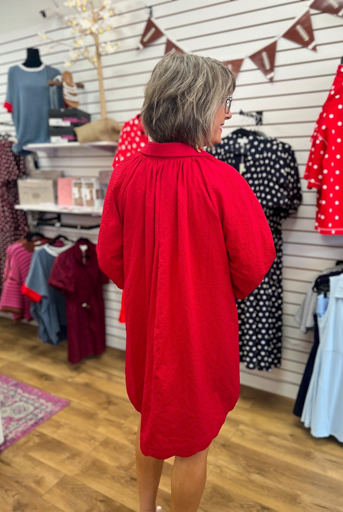 Red textured bubble sleeve mini dress with collar, back view, Umgee
