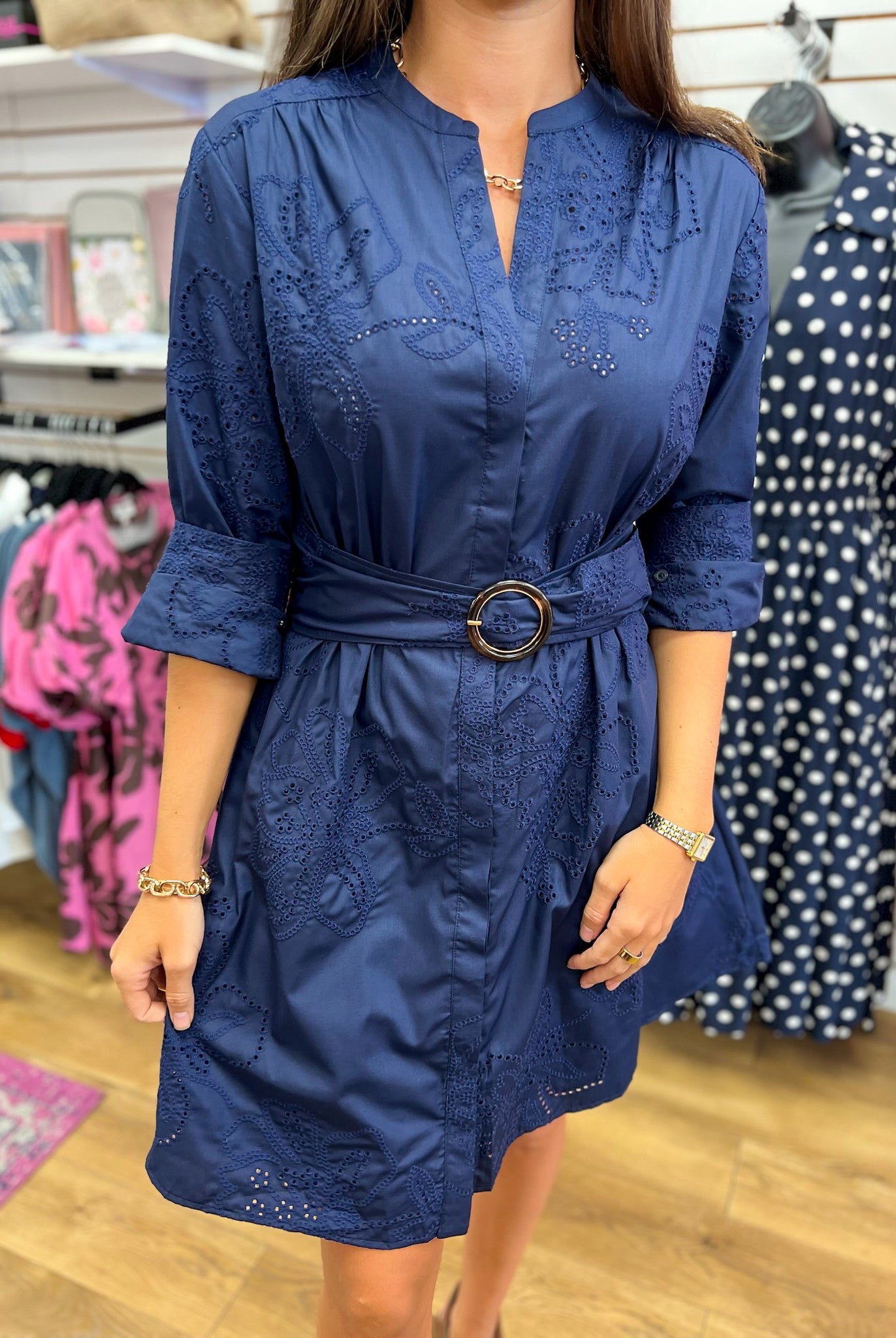 Current Air navy blue eyelet embroidered V-neck dress with O-ring belt