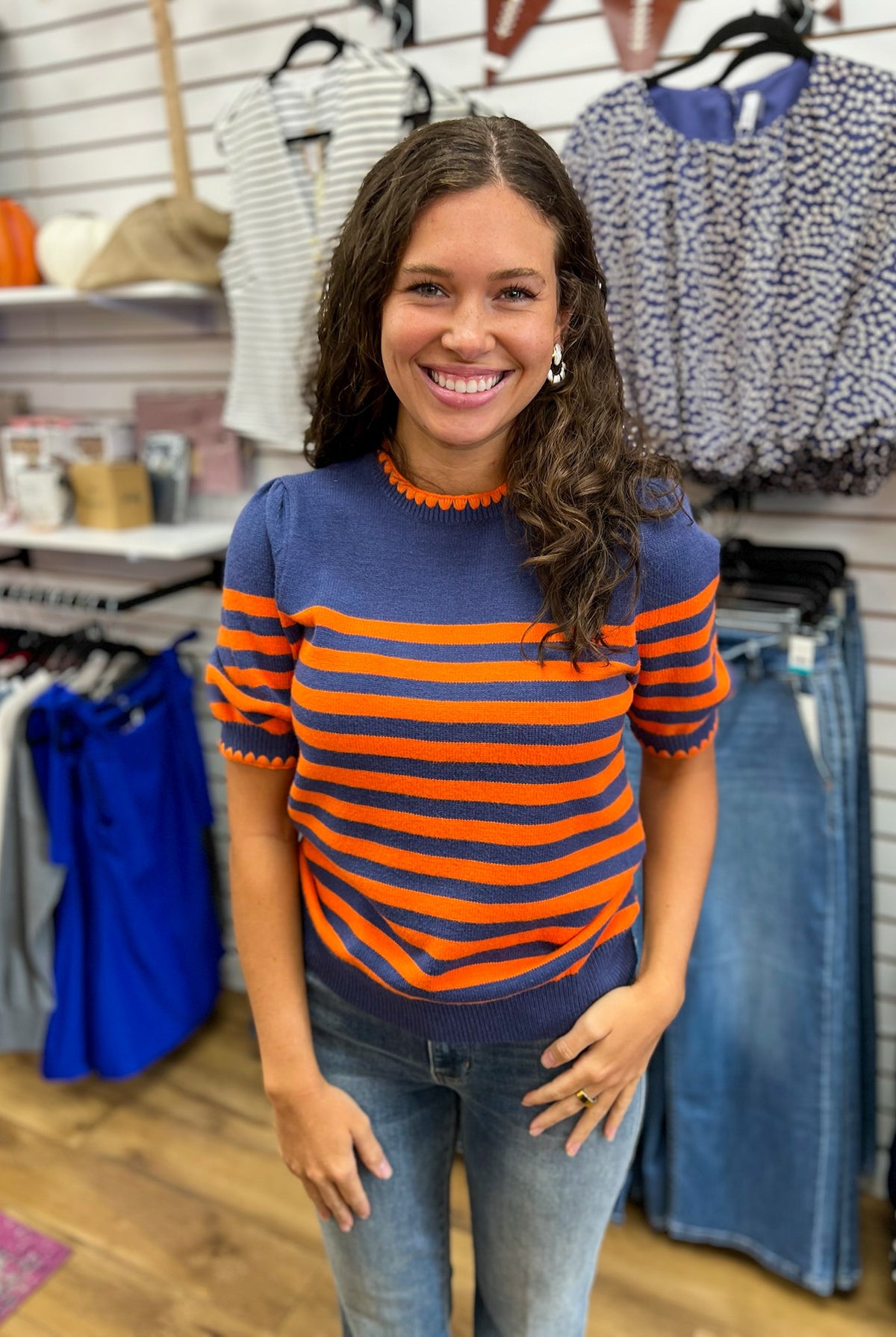 LovLov navy and orange striped short puff sleeve sweater with scallop neckline