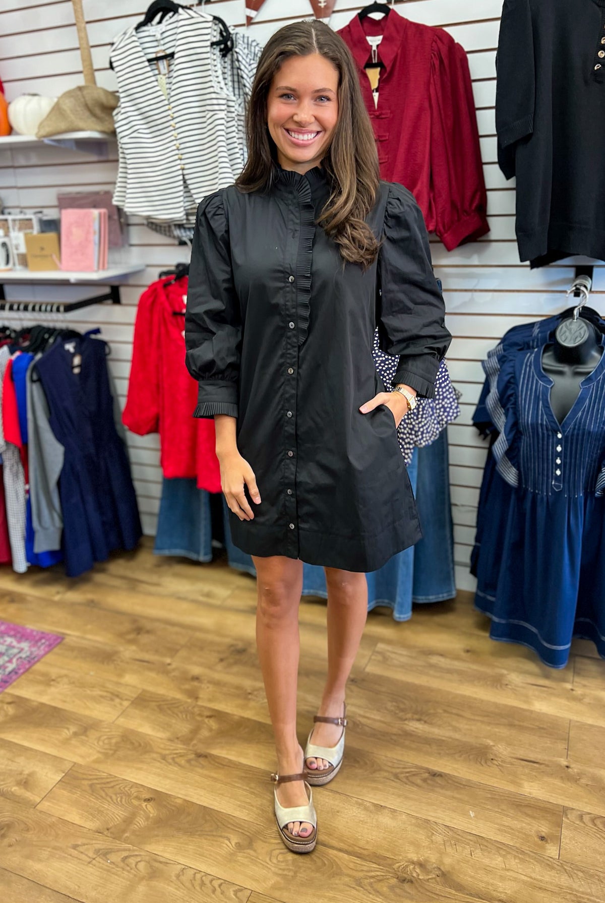 Entro black button-front shirt dress with ruffle collar and puff sleeves