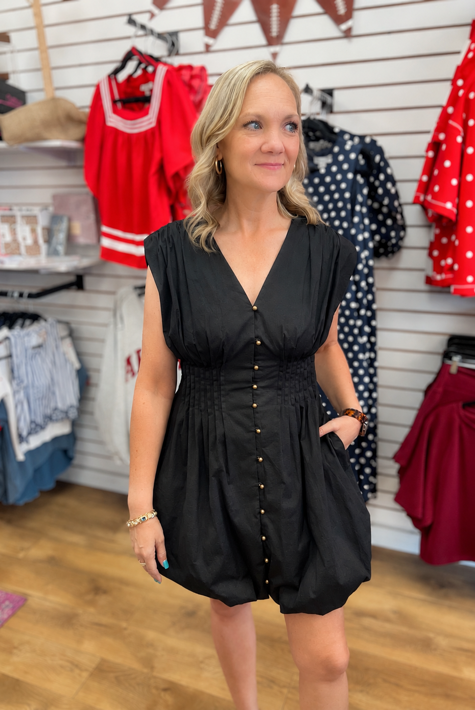 Entro black sleeveless button-front dress with smocked pintuck waist and bubble hem