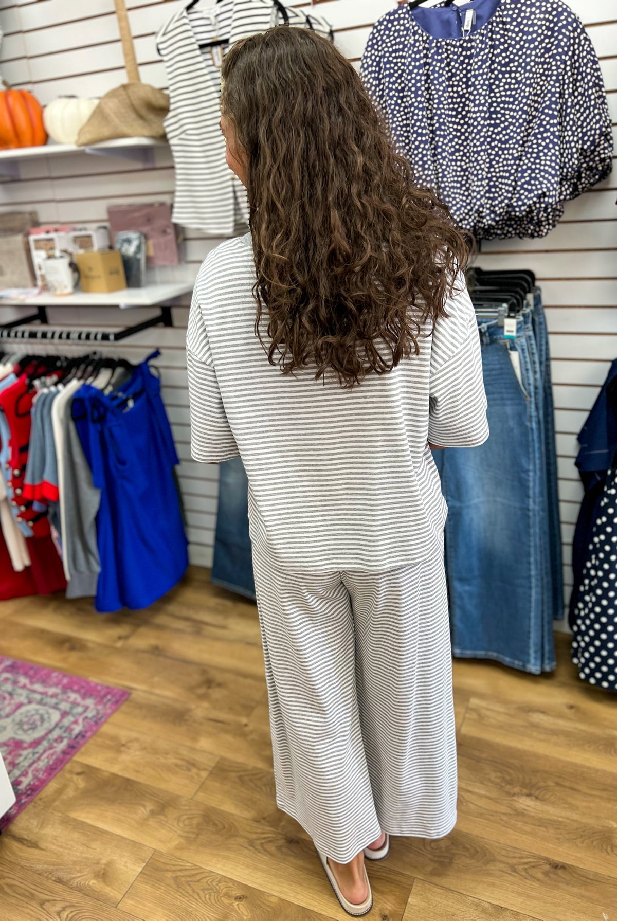Grey and white striped matching top and wide-leg pants set by Sewn and Seen