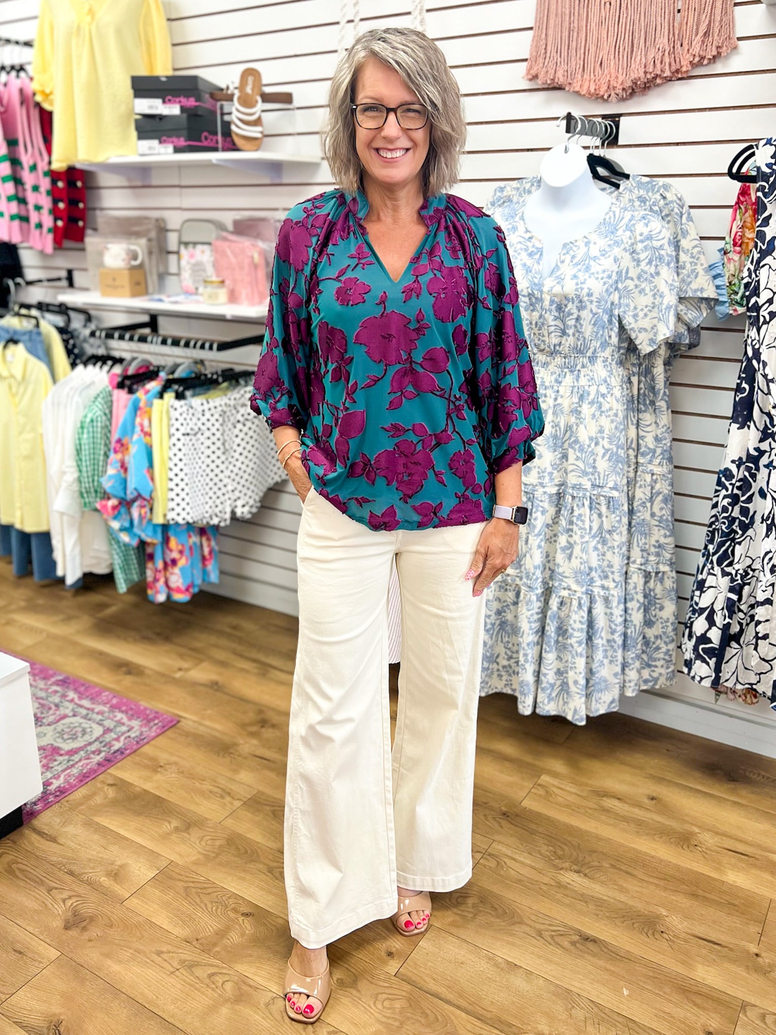 Umgee teal and magenta floral V-neck top with 3/4 balloon sleeves
