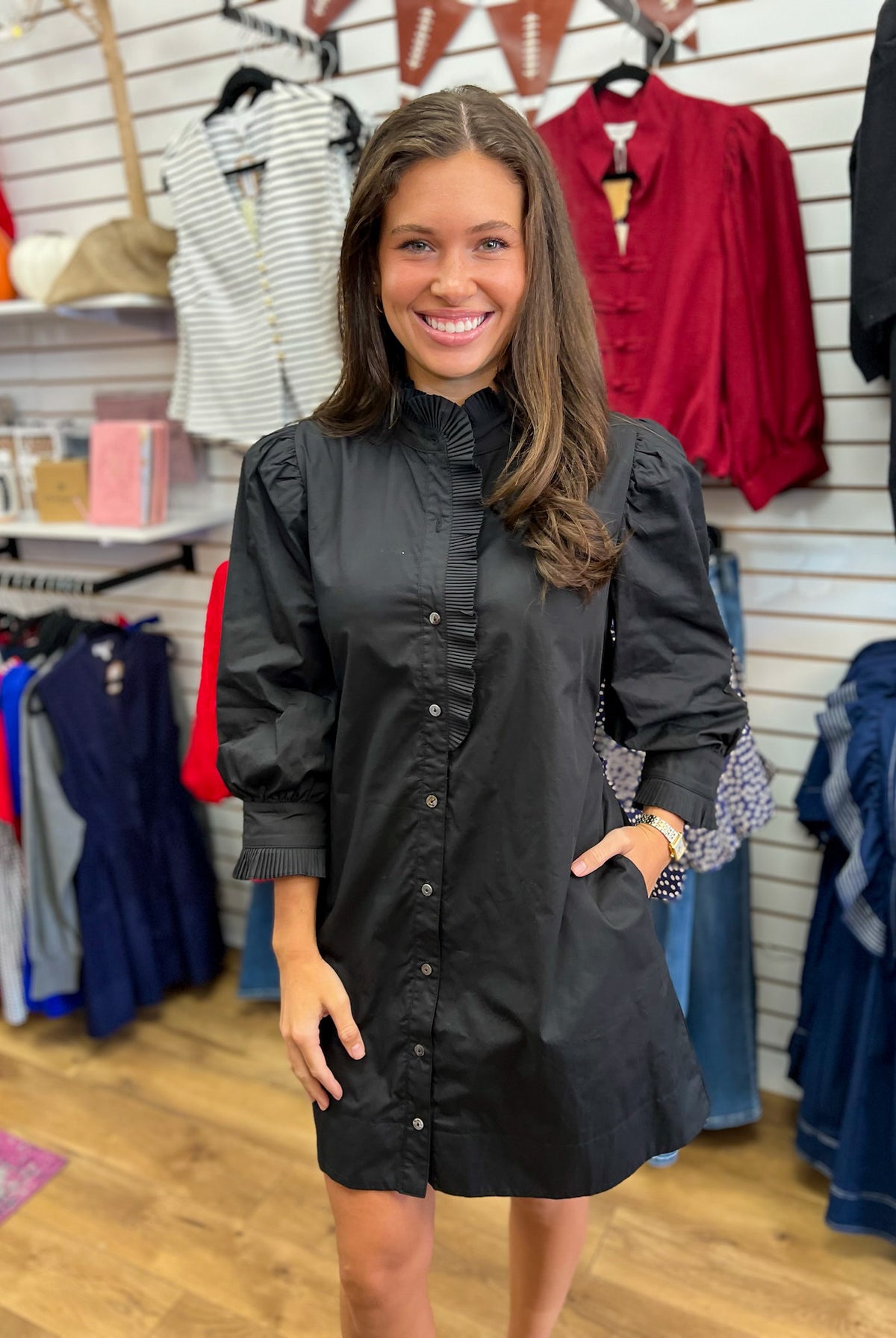 Entro black button-front shirt dress with puff sleeves and pleated ruffle trim