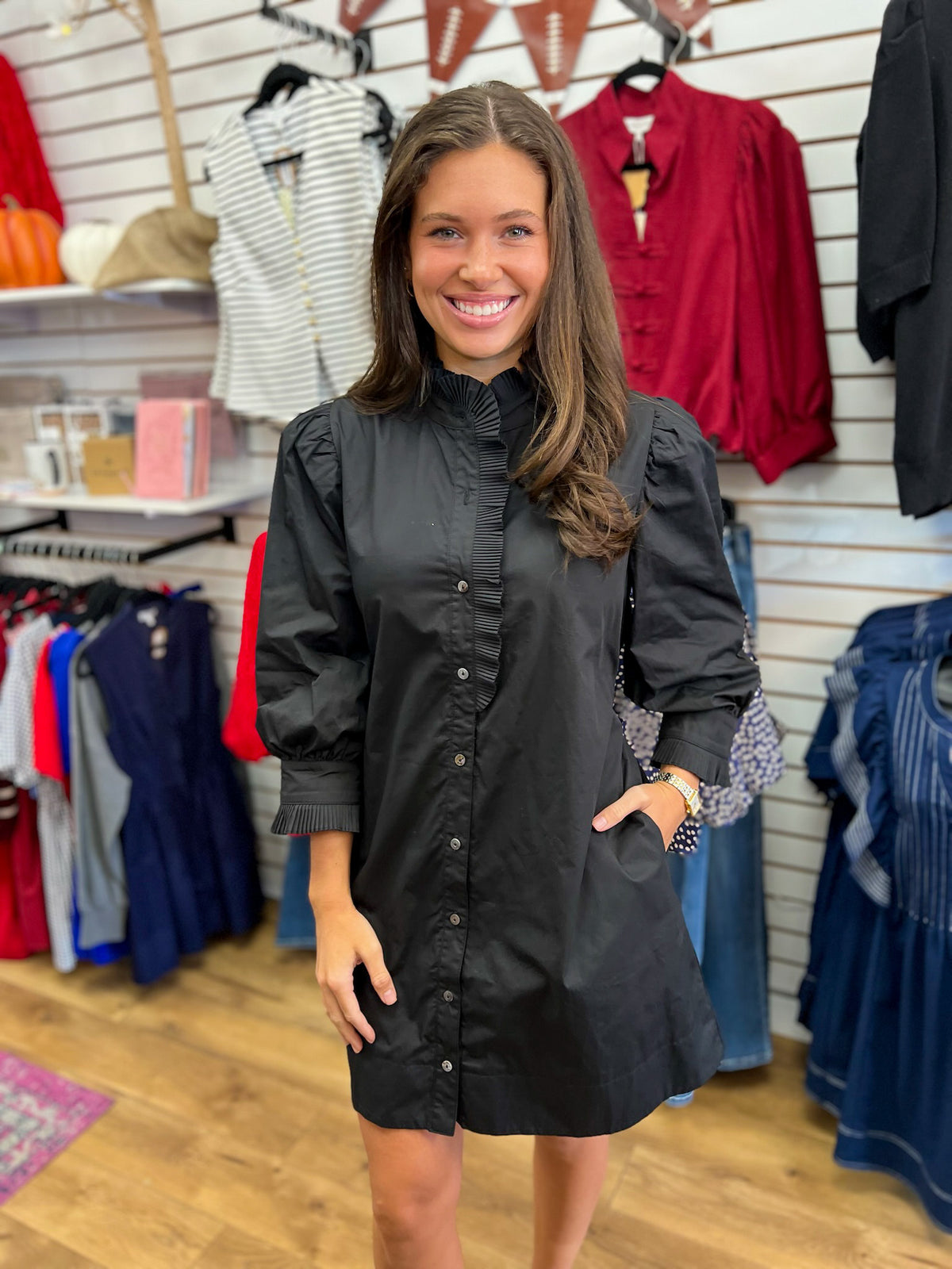 Entro black button-front shirt dress with puff sleeves and pleated ruffle trim