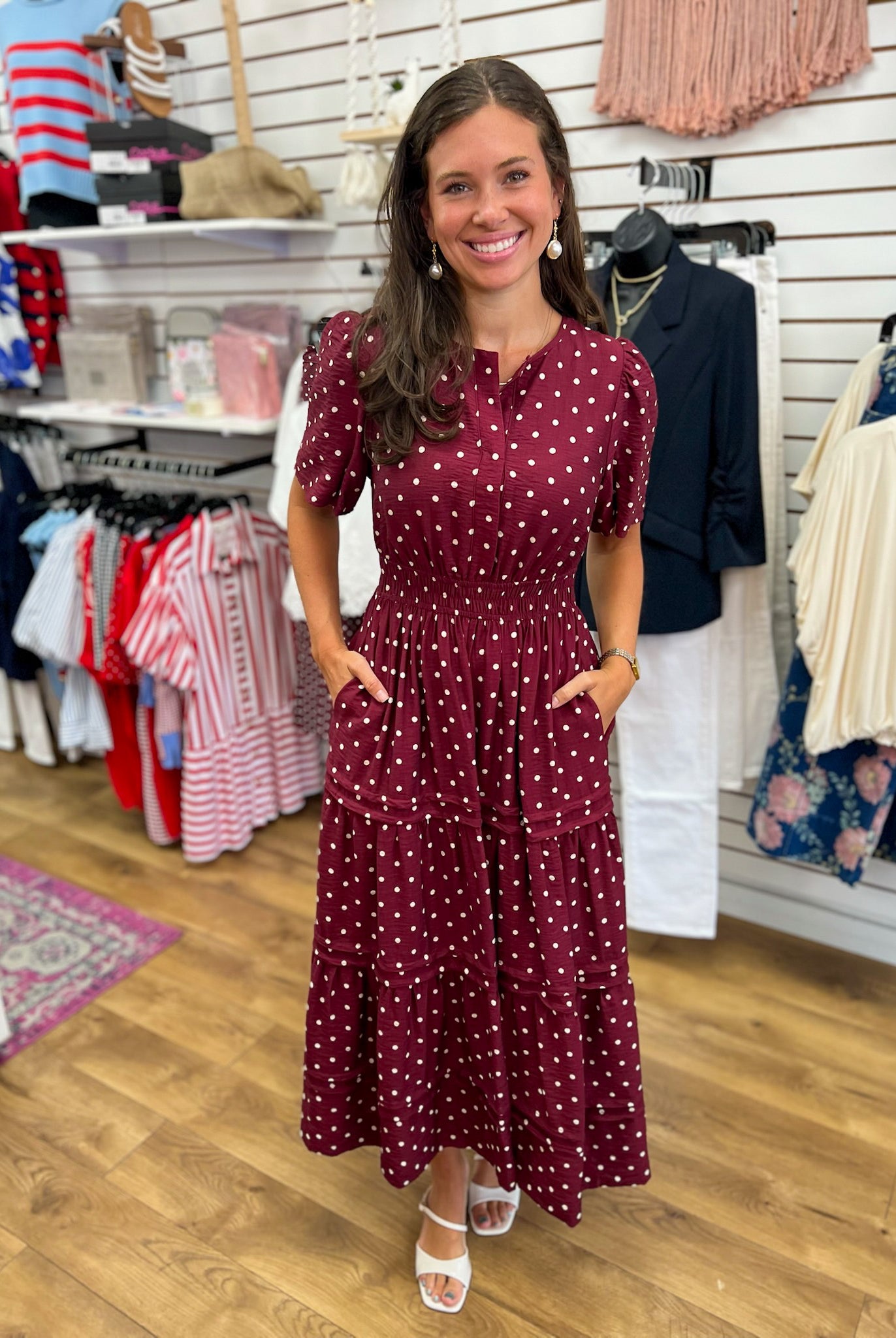 Wine Polka Dot V-Neck Tiered Maxi Dress - A'Bekah's Boutique