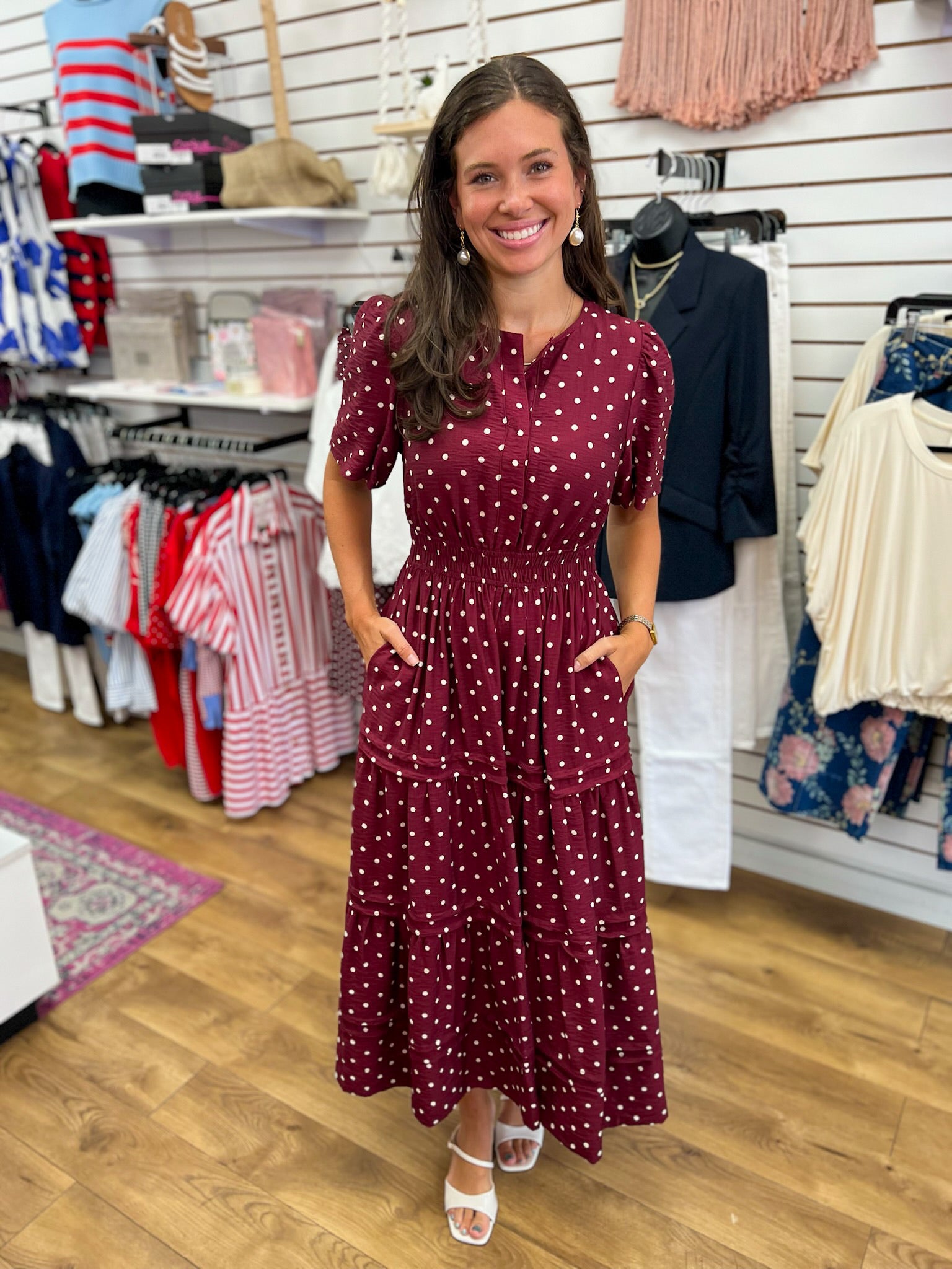 Wine Polka Dot V-Neck Tiered Maxi Dress - A'Bekah's Boutique