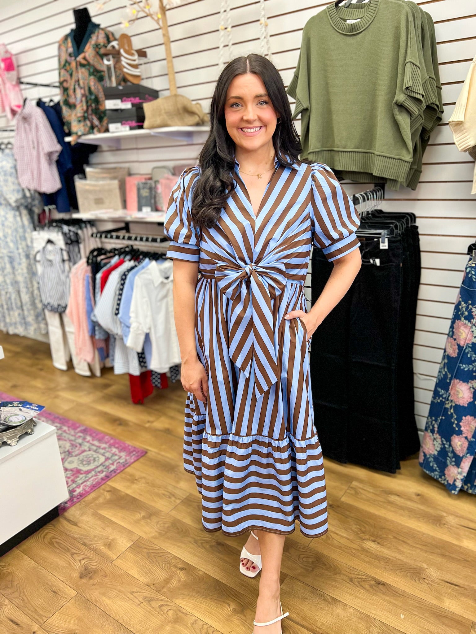 Entro blue and brown striped midi dress with front tie waist and ruffle hem