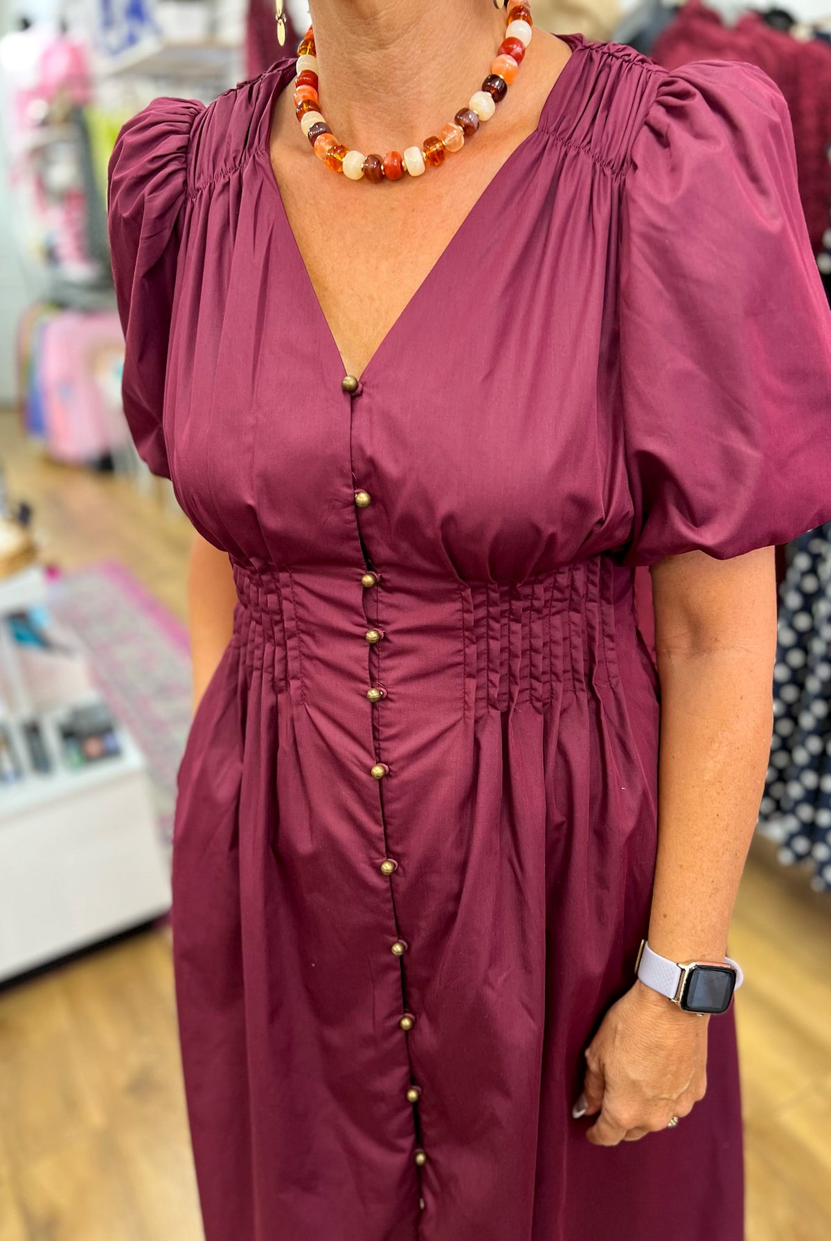 Wine burgundy puff sleeve midi dress with gold buttons and smocked waist