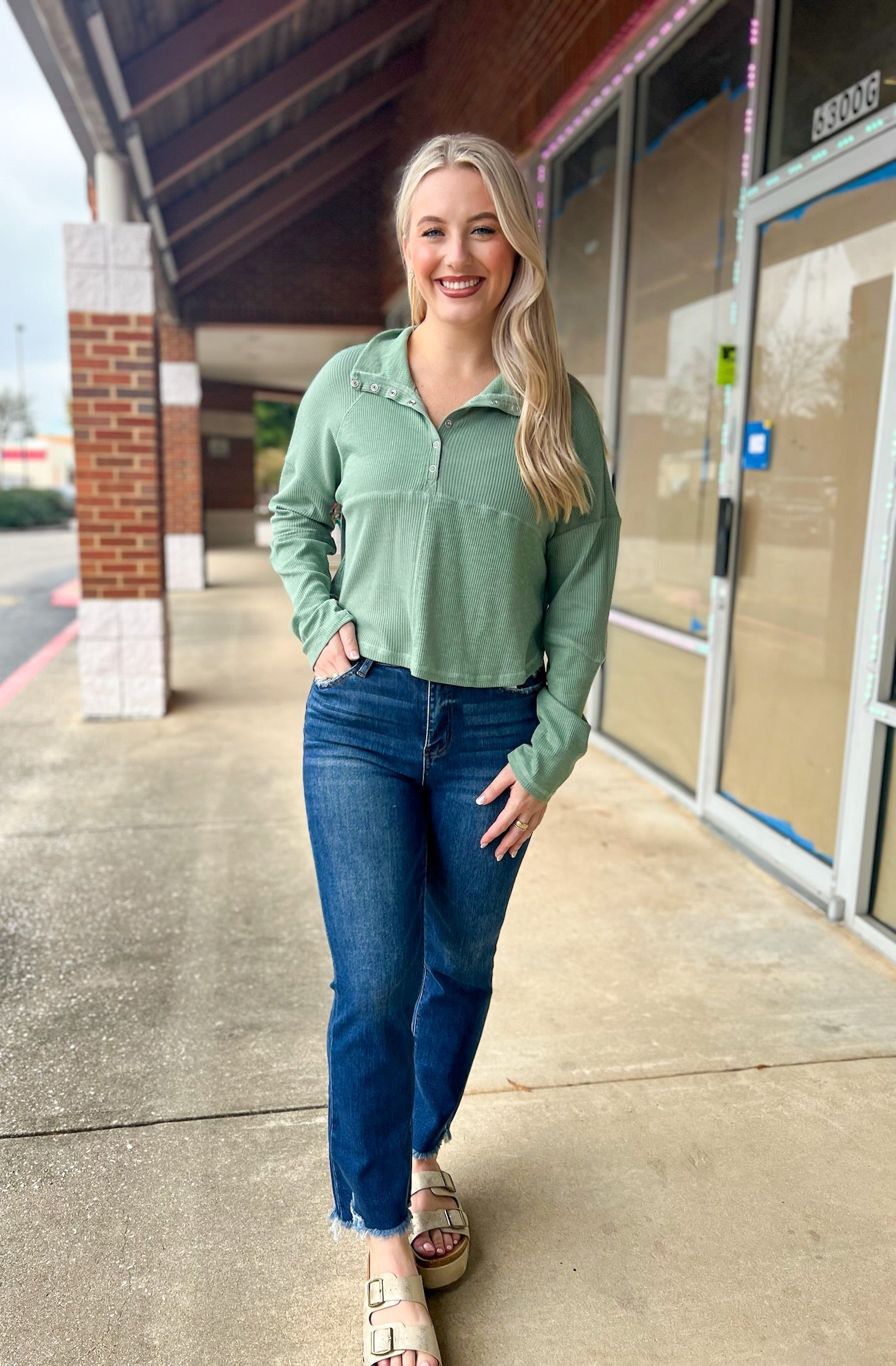 All On You Sage Long Sleeve Ribbed Henley with Snaps - A'Bekah's Boutique