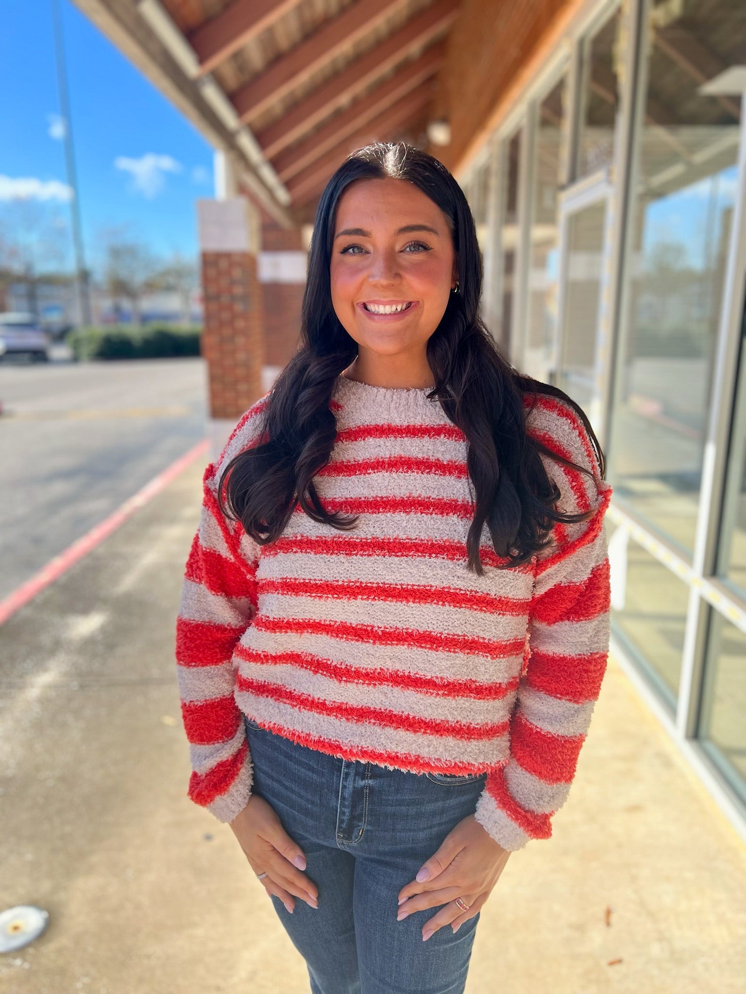 All Set Orange Striped Fleece Sweater - A'Bekah's Boutique