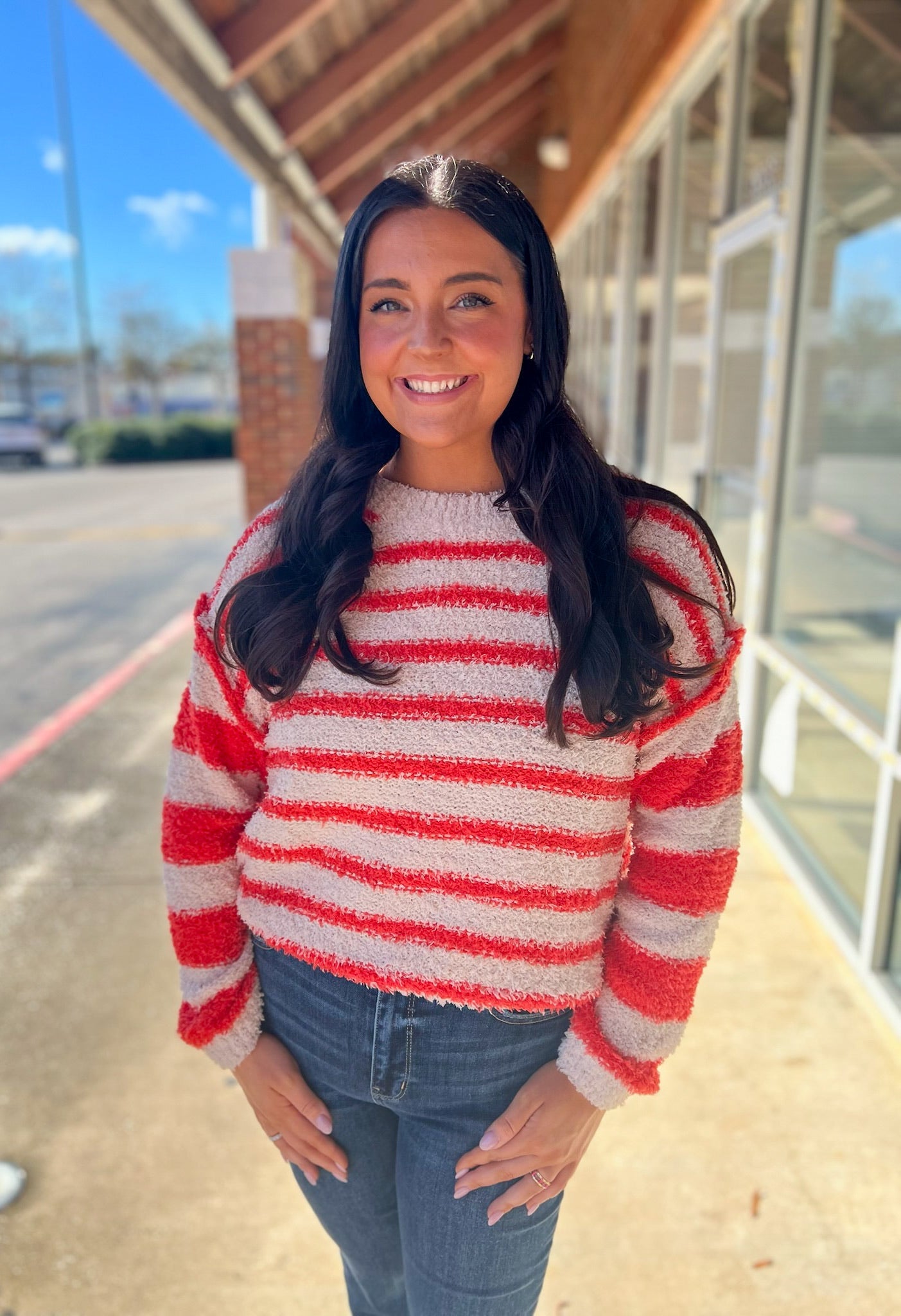 All Set Orange Striped Fleece Sweater - A'Bekah's Boutique