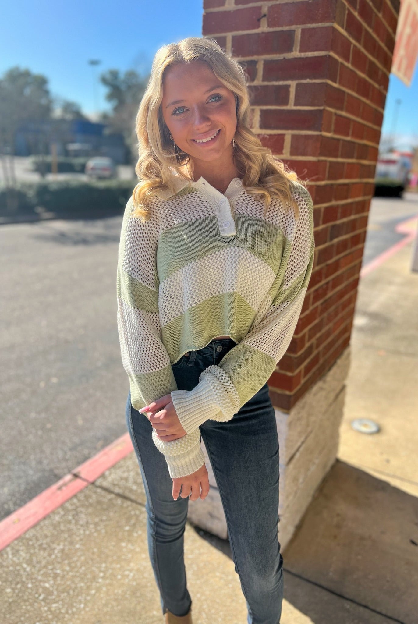 Always Fun Pistachio Striped Crochet Long Sleeve Sweater - A'Bekah's Boutique