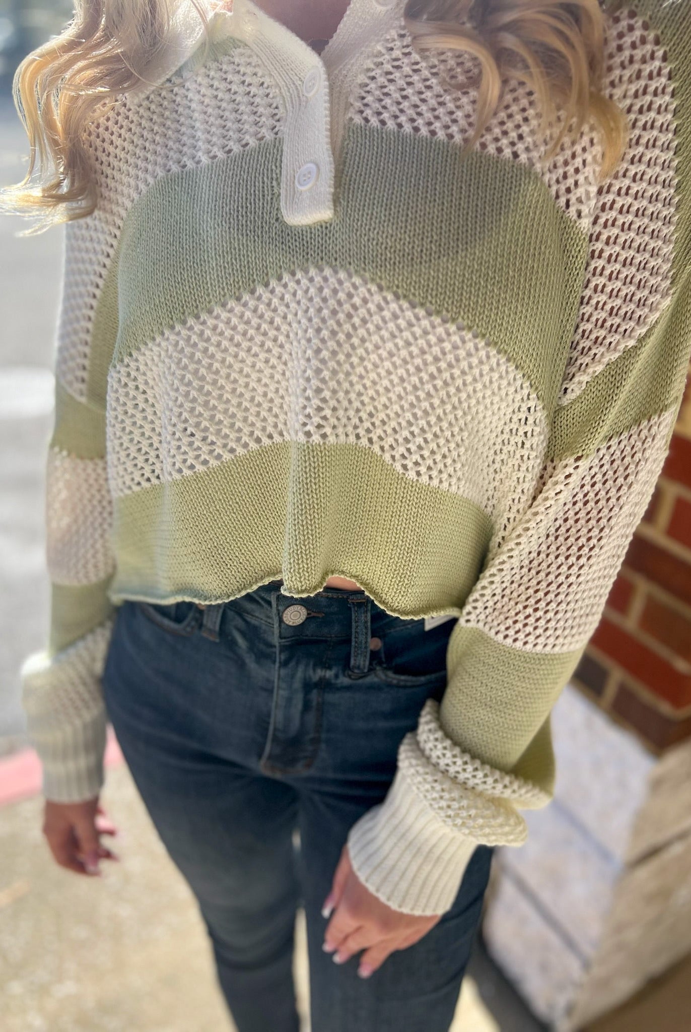 Always Fun Pistachio Striped Crochet Long Sleeve Sweater - A'Bekah's Boutique