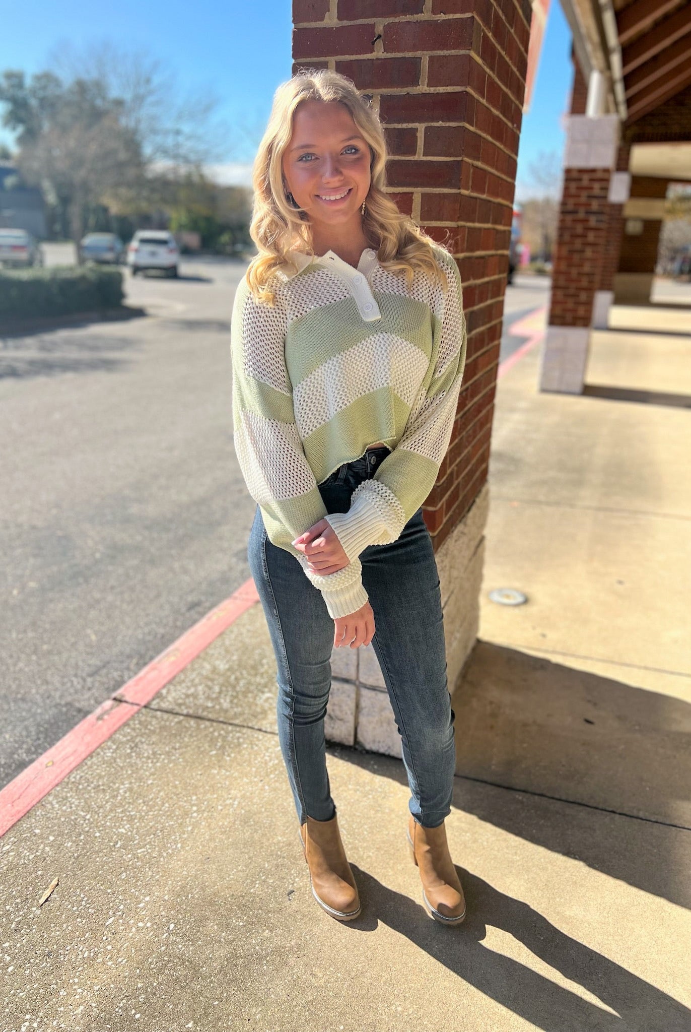 Always Fun Pistachio Striped Crochet Long Sleeve Sweater - A'Bekah's Boutique