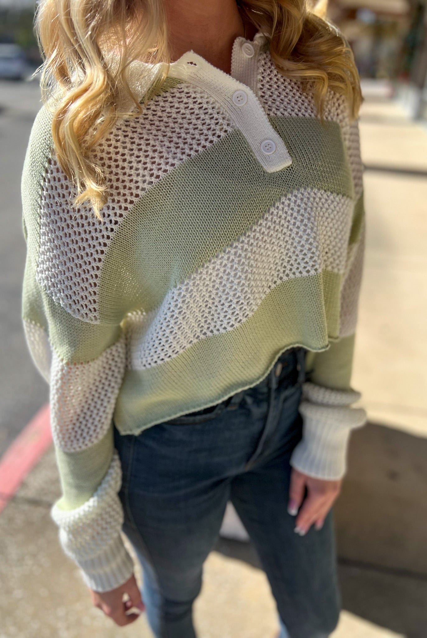 Always Fun Pistachio Striped Crochet Long Sleeve Sweater - A'Bekah's Boutique