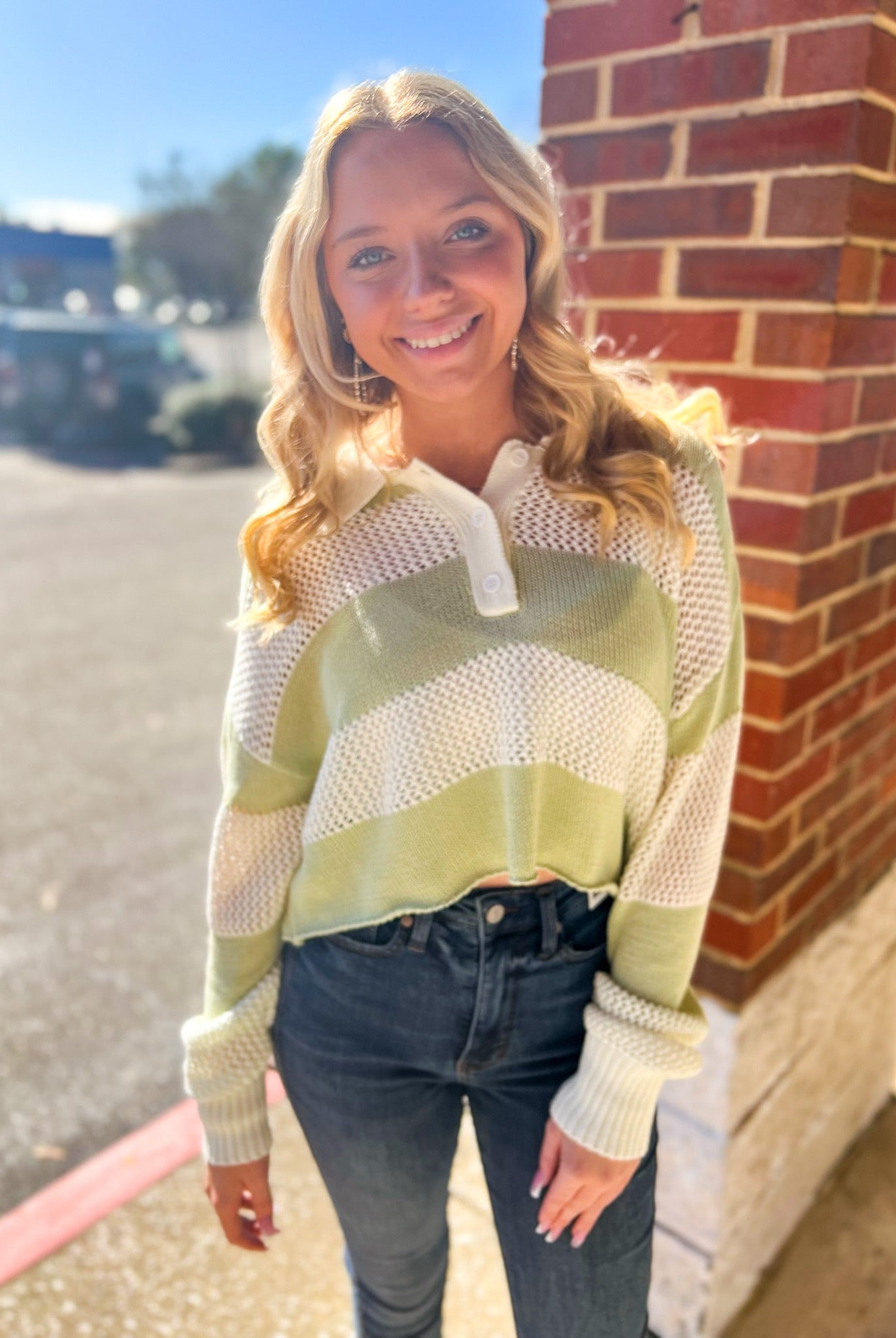 Always Fun Pistachio Striped Crochet Long Sleeve Sweater - A'Bekah's Boutique